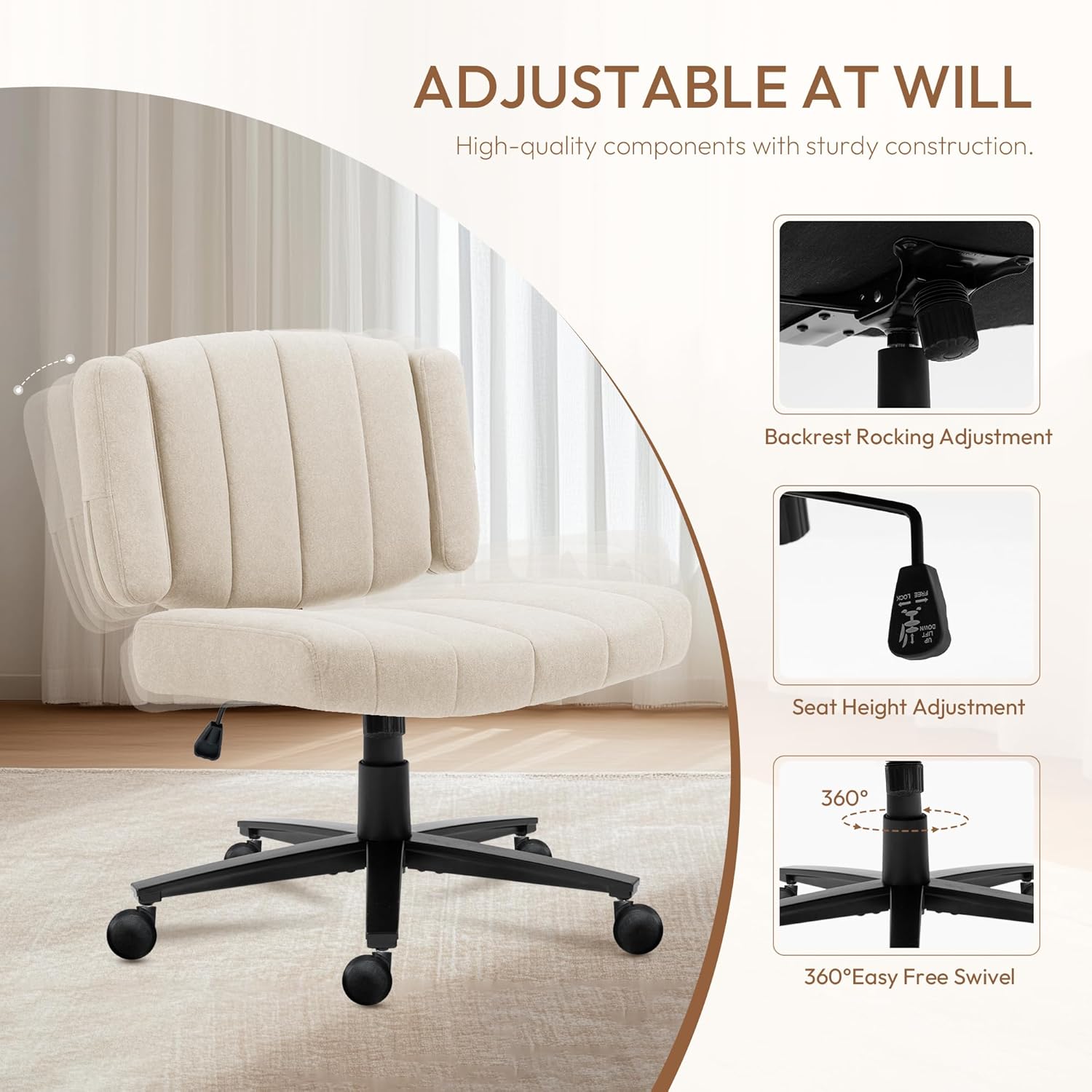 White Criss Cross Office Chair with Wheels, Ergonomic Wide Seat Vanity & Dressing Table Chair, Adjustable Arms Swivel Rolling Desk Chair for Women, Comfortable Cross-Legged Support