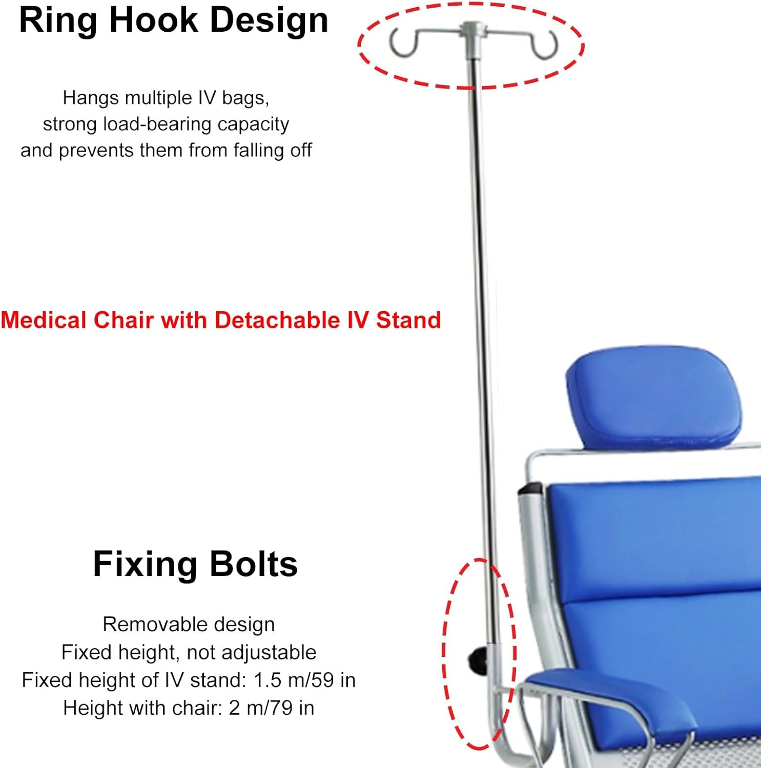 PU Medical Chair with Iv Stand, Hospital Phlebotomy Chair, Cold Rolled Steel Frame for Laboratories, Clinic, Nursing Home, Single Seat Can Support 660 Lbs(Blue)