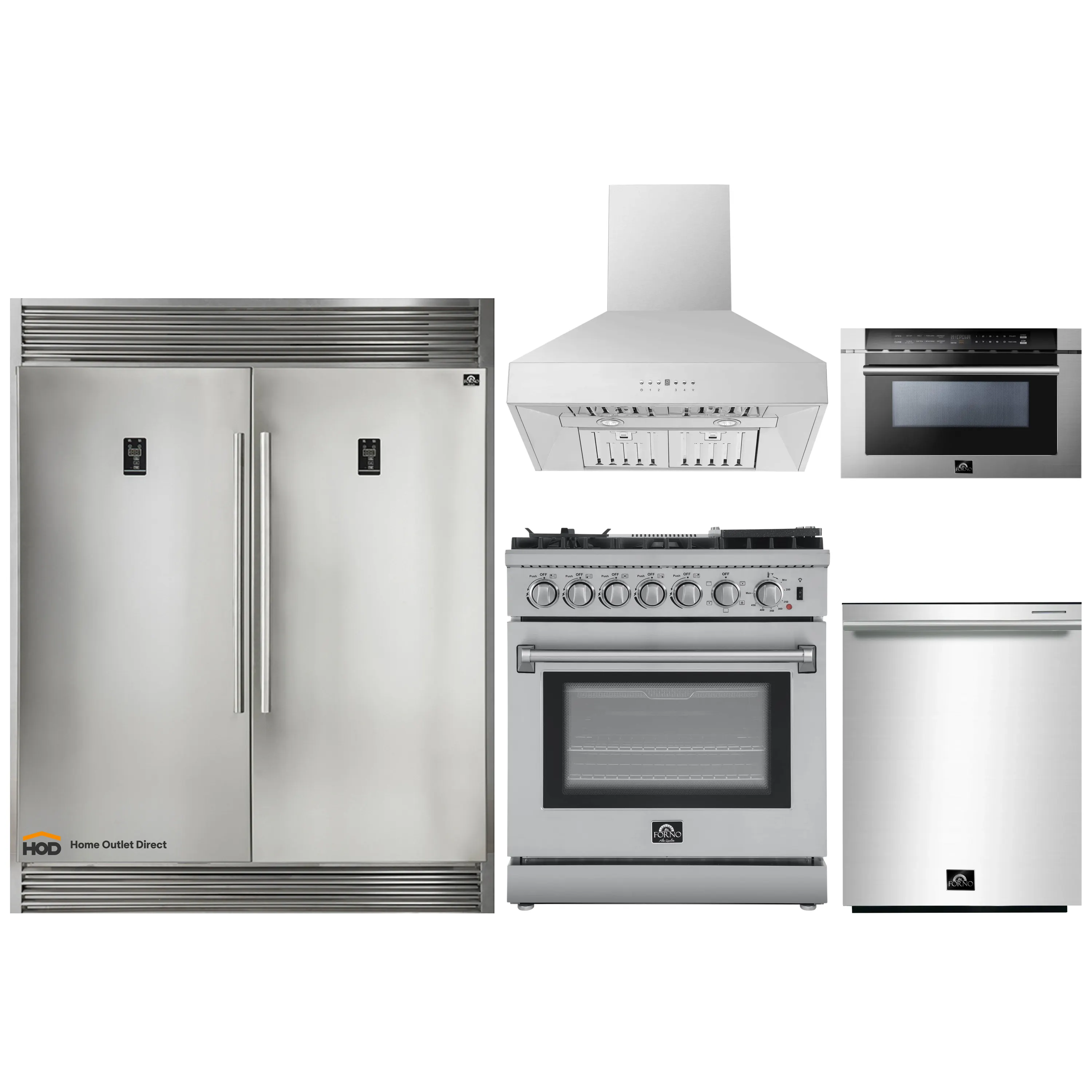 Forno 5-Piece Appliance Package - 30-Inch Dual Fuel Range with Air Fryer, 60-Inch Pro-Style Refrigerator, Wall Mount Hood, 24-Inch Microwave Drawer, & 3-Rack Dishwasher in Stainless Steel