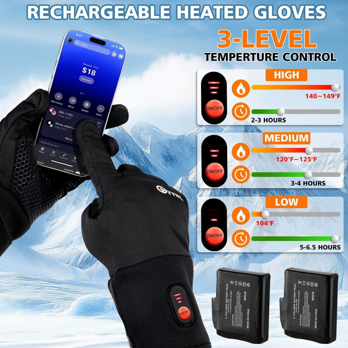 Heated Gloves for Men Women, Rechargeable Battery Electric Heated Gloves, Ultrathin Heating Gloves Hand Warmer 3 Heat Settings Heated Mittens for Winter Outdoor Hunting Riding Ski Hiking Motorcycle