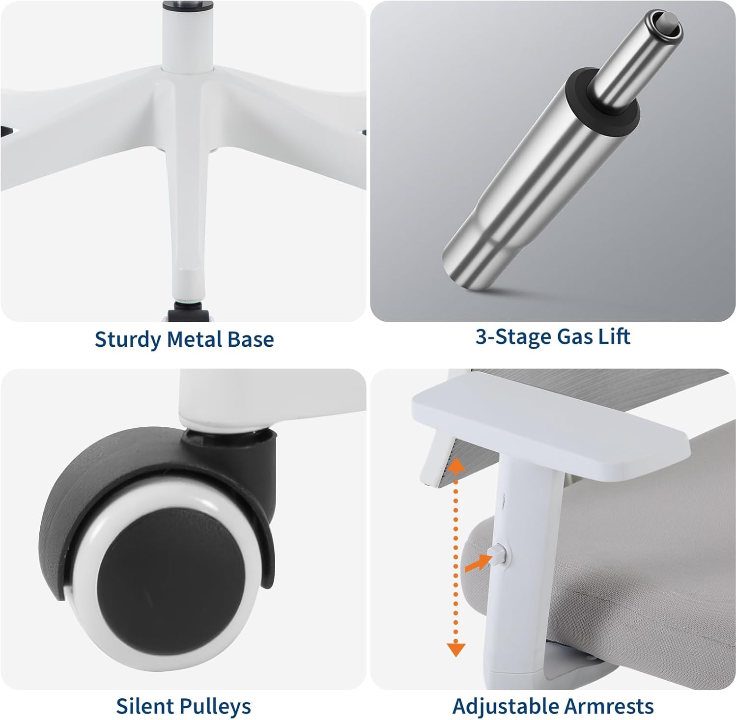 Ergonomic Mesh Chair, Reclining Computer Chair with Adjustable Headrest, Lumbar Support and Space-Saving Arms, for Desk Work, Gaming, White Frame/Gray Mesh