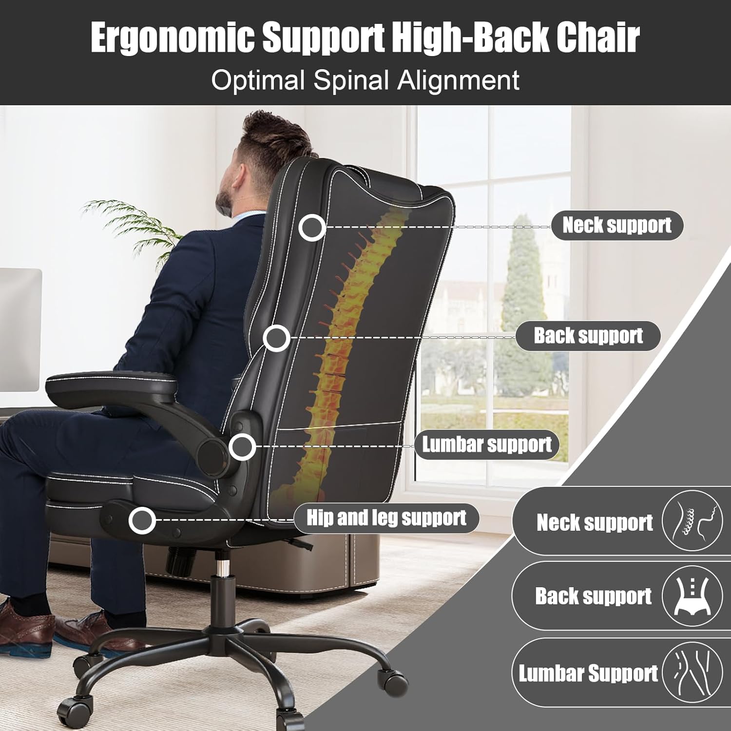 Ergonomic Office Chair with Flip-up Armrests 300lbs,Middle-Tall Computer Office Desk Chair with Lumbar Support,Executive Leather Chair with Rocking Function Adjustable Height for Home Office