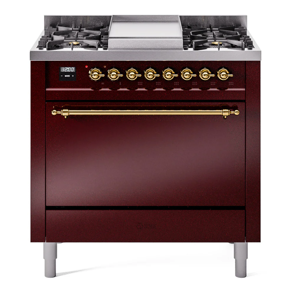 ILVE 36-Inch Nostalgie II Dual Fuel Range with 6 Burners and Solid Door Oven in Burgundy with Brass Trim (UP36FQNMPBUG)
