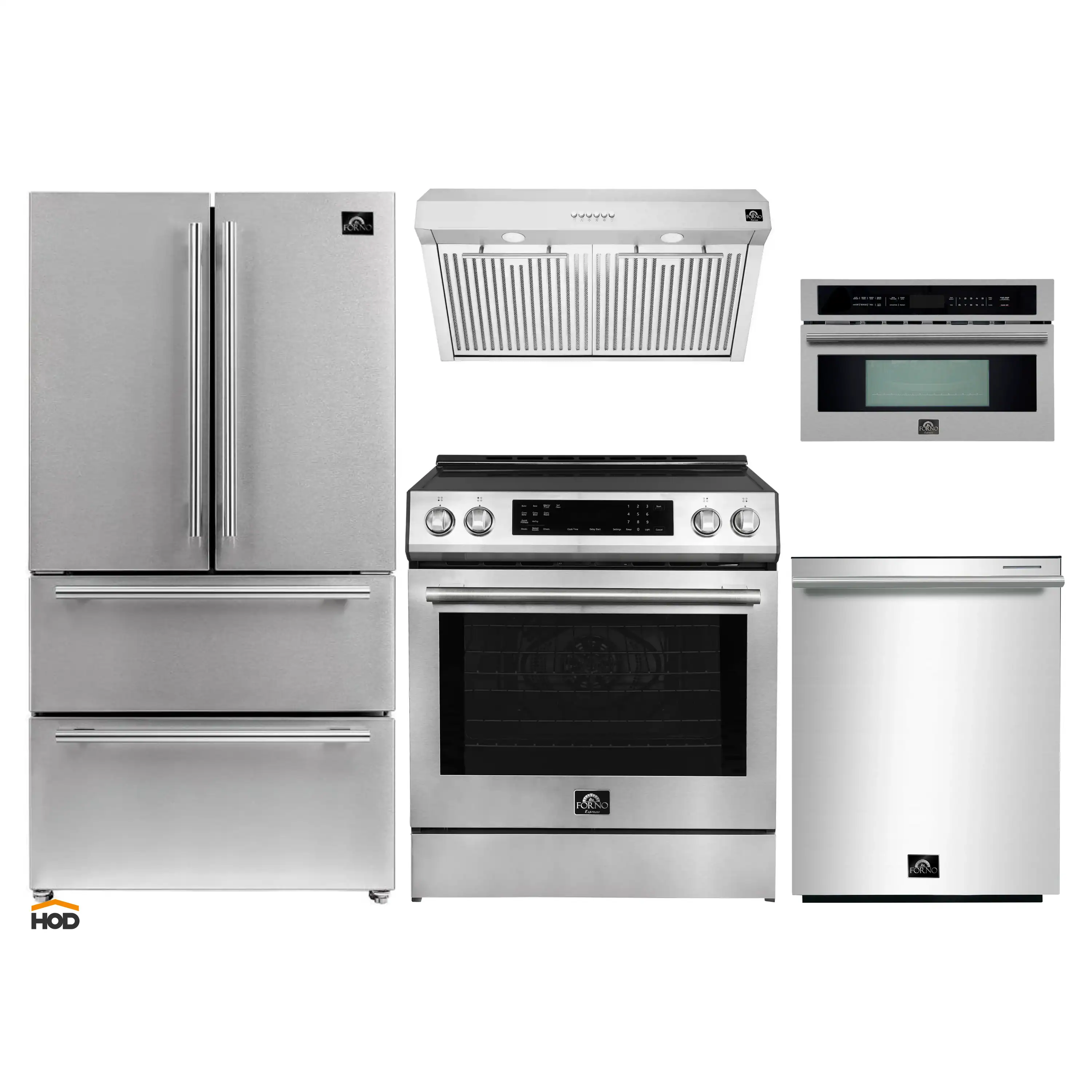 Forno 5-Piece Appliance Package - 30-Inch Induction Range, Under Cabinet Range Hood, French Door Refrigerator, Dishwasher, and 30-Inch Microwave Drawer in Stainless Steel
