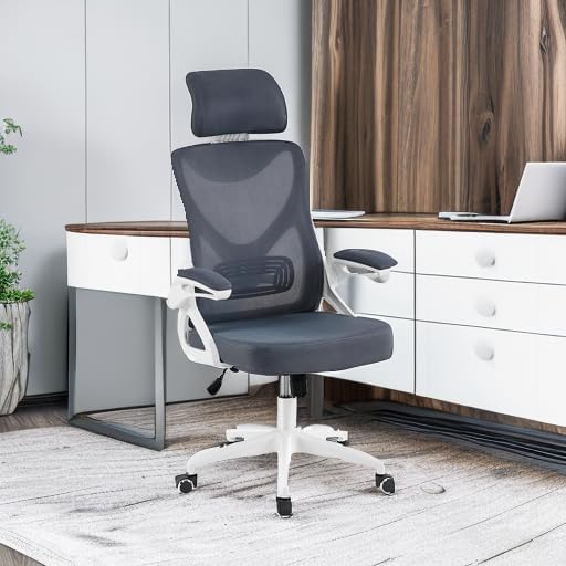 Yaheetech Ergonomic Mesh Office Chair, High Back Desk Chair with flip-up Armrests, Adjustable Padded Headrest Lumbar Support for Home Oiffce Game Room, White/Gray