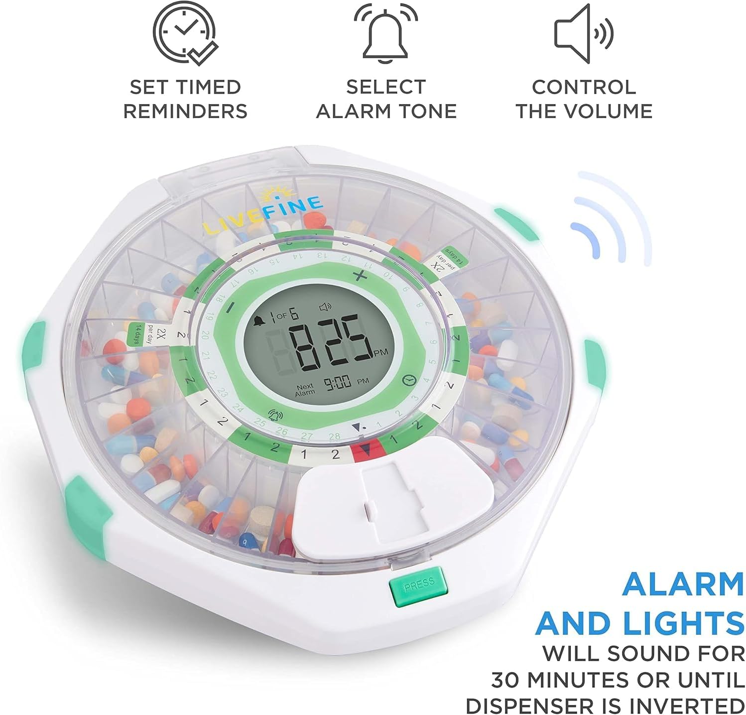 Live Fine 28-Day Automatic Pill Dispenser Clear Lid with Upgraded LCD Display and Key Lock, Sound & Light for Prescriptions, Medication, Vitamins, Supplements & More