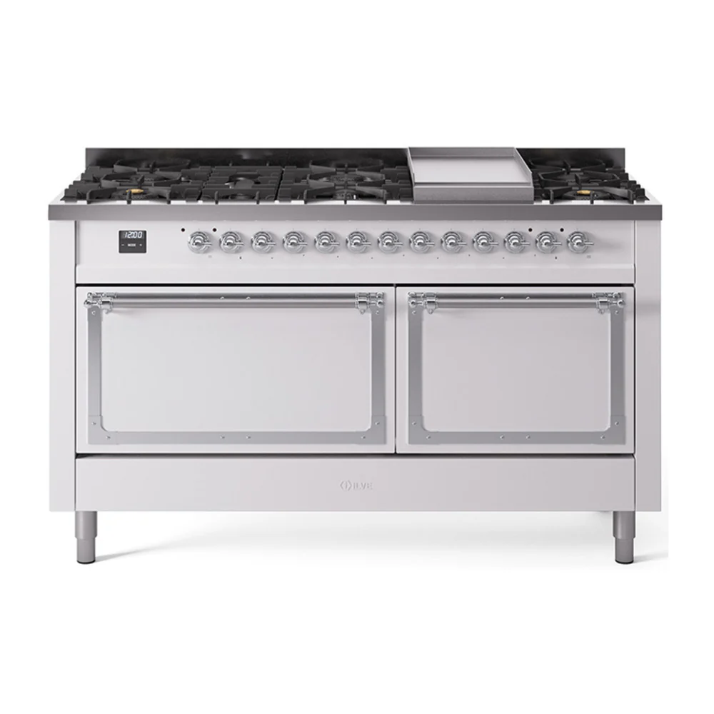 ILVE 60-Inch Nostalgie II Noblesse Dual Fuel Range with 9 Sealed Burners, Griddle, and Solid Door Oven in White with Chrome Trim (UN60FQNMPWHC)
