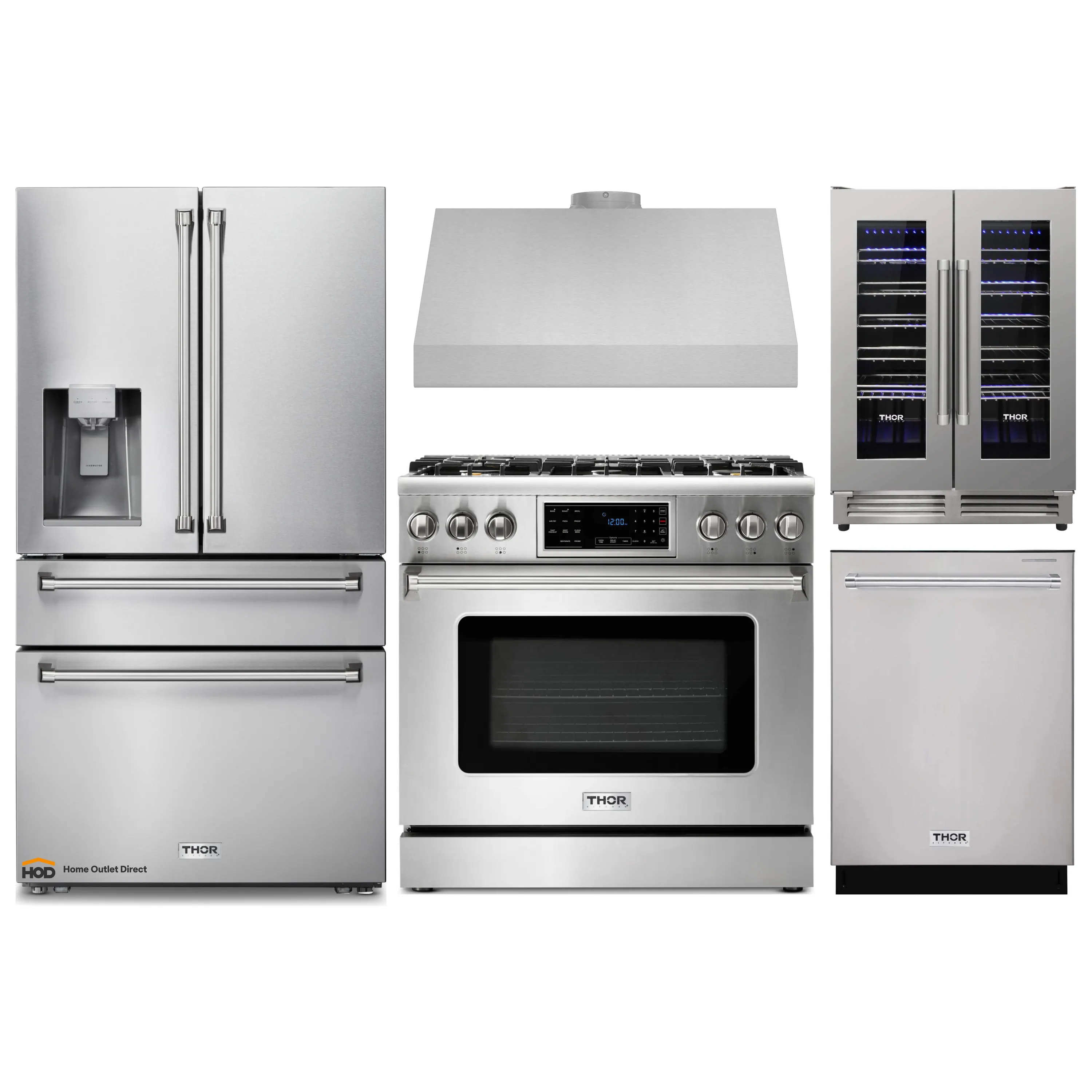Thor Kitchen 5-Piece Appliance Package - 36-Inch Gas Range with Tilt Panel, Refrigerator with Water Dispenser, Under Cabinet Hood, Dishwasher, & Wine Cooler in Stainless Steel