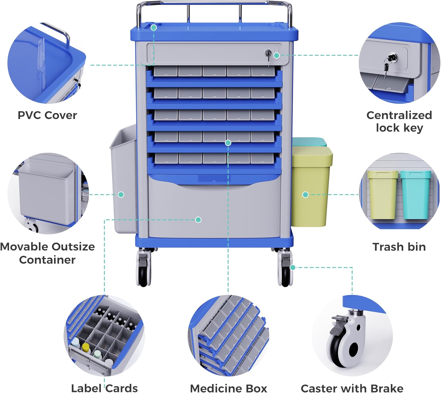 Medication Bins Cart with 200 Bins and Drawer - Dual-Sided Open, 50 Medicine Boxes, Silent Casters, Movable Container, 2 Trash Bin-Medical Crash Cart for Clinic, Hospital and Lab, Factory