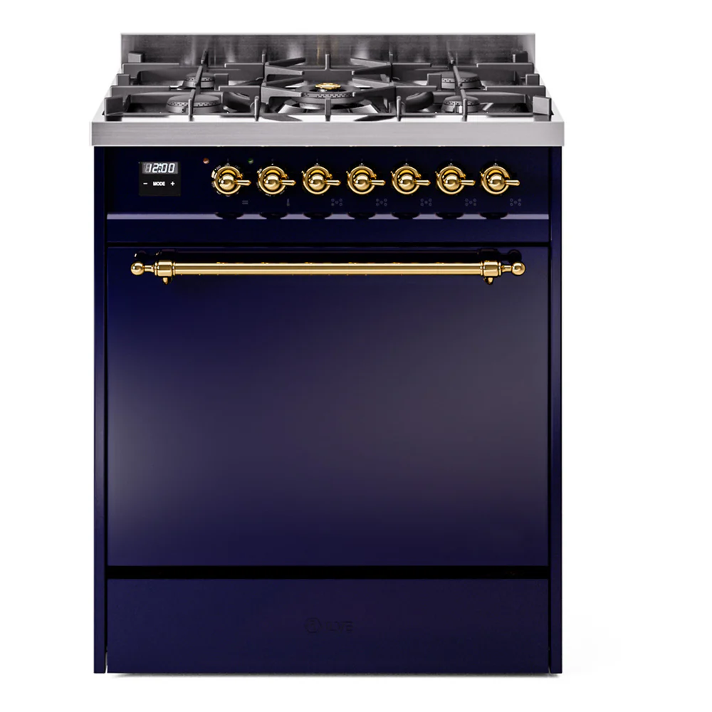 ILVE Nostalgie II 30-Inch Dual Fuel Range with Solid Door in Midnight Blue with Brass Trim (UP30QNMPMBGG)
