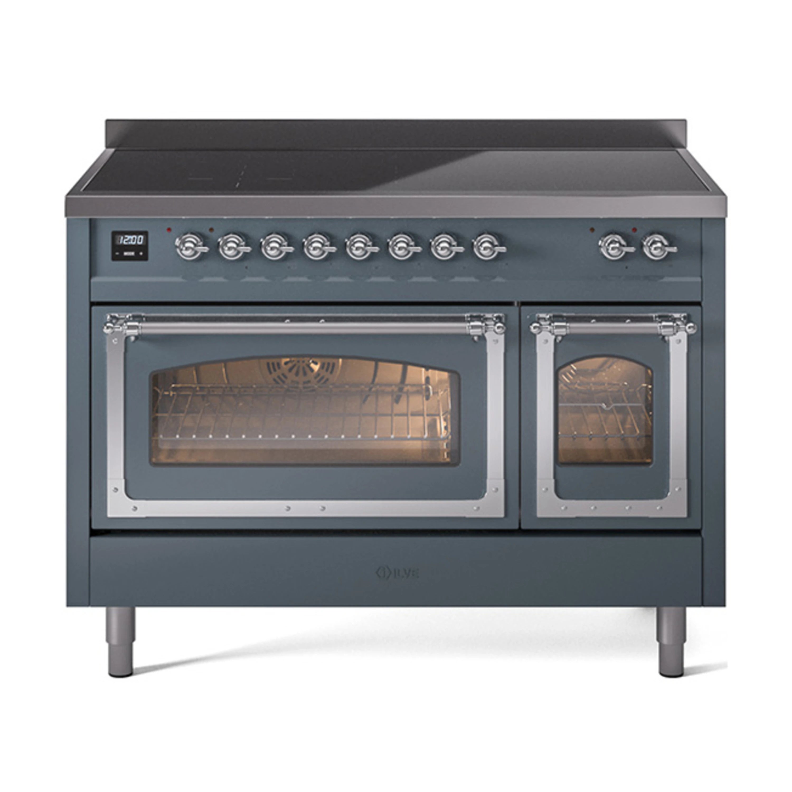 ILVE Nostalgie II Noblesse 48-Inch Induction Range with Triple Glass Door in Blue Grey with Chrome Trim (UNI486NMPBGC)