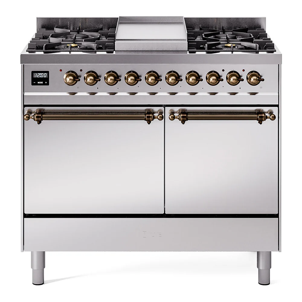 ILVE 40-Inch Nostalgie II Dual Fuel Range with 6 Burners, Griddle and Solid Door Oven in Stainless Steel with Bronze Trim(UPD40FQNMPSSB)