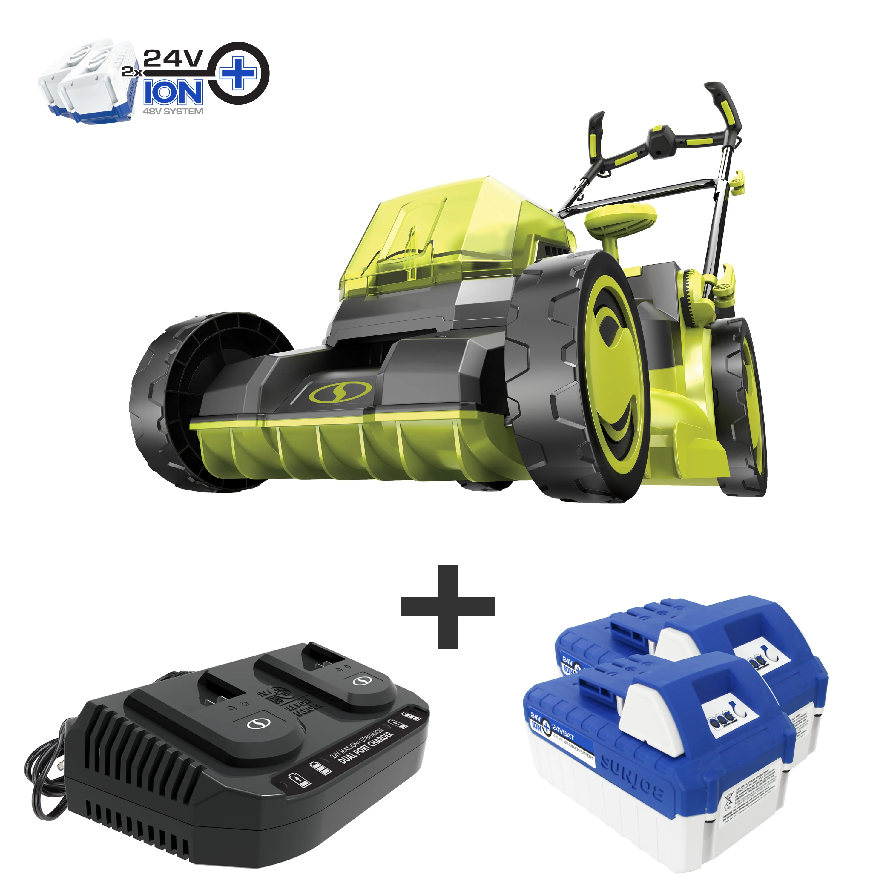 Sun Joe 24V-X2-16LM 48-Volt* IONMAX Cordless Brushless Lawn Mower Kit | 16-Inch | 12-Gallon Collection Bag | Comfort Grip | 6-Position Height Adjustment | W/ 2 x 4.0-Ah Batteries + Charger