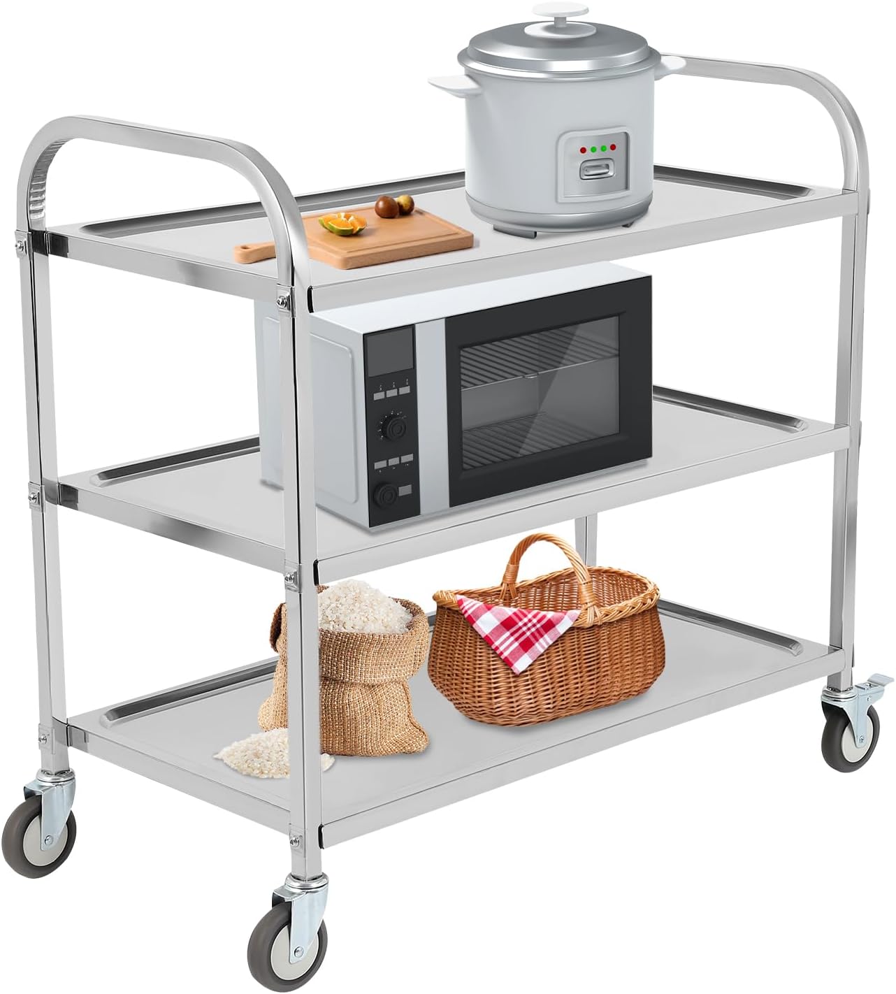 3 Shelf Stainless Steel Cart with Wheels, Kitchen Rolling Cart 330 lbs Weight Capacity, Service Trolley with Lockable Universal Wheels, for Lab, Clinic, Kitchen, Salon, 37.2