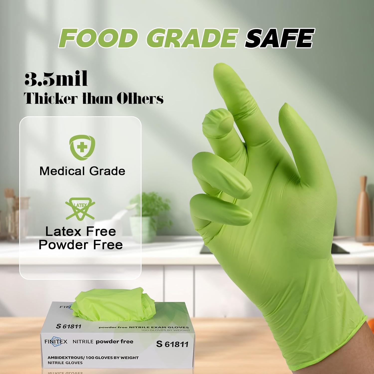 FINITEX Nitrile Disposable Gloves - Green 3.5mil 100/1000PCS Powder-Free Latex-Free Medical & Food Use