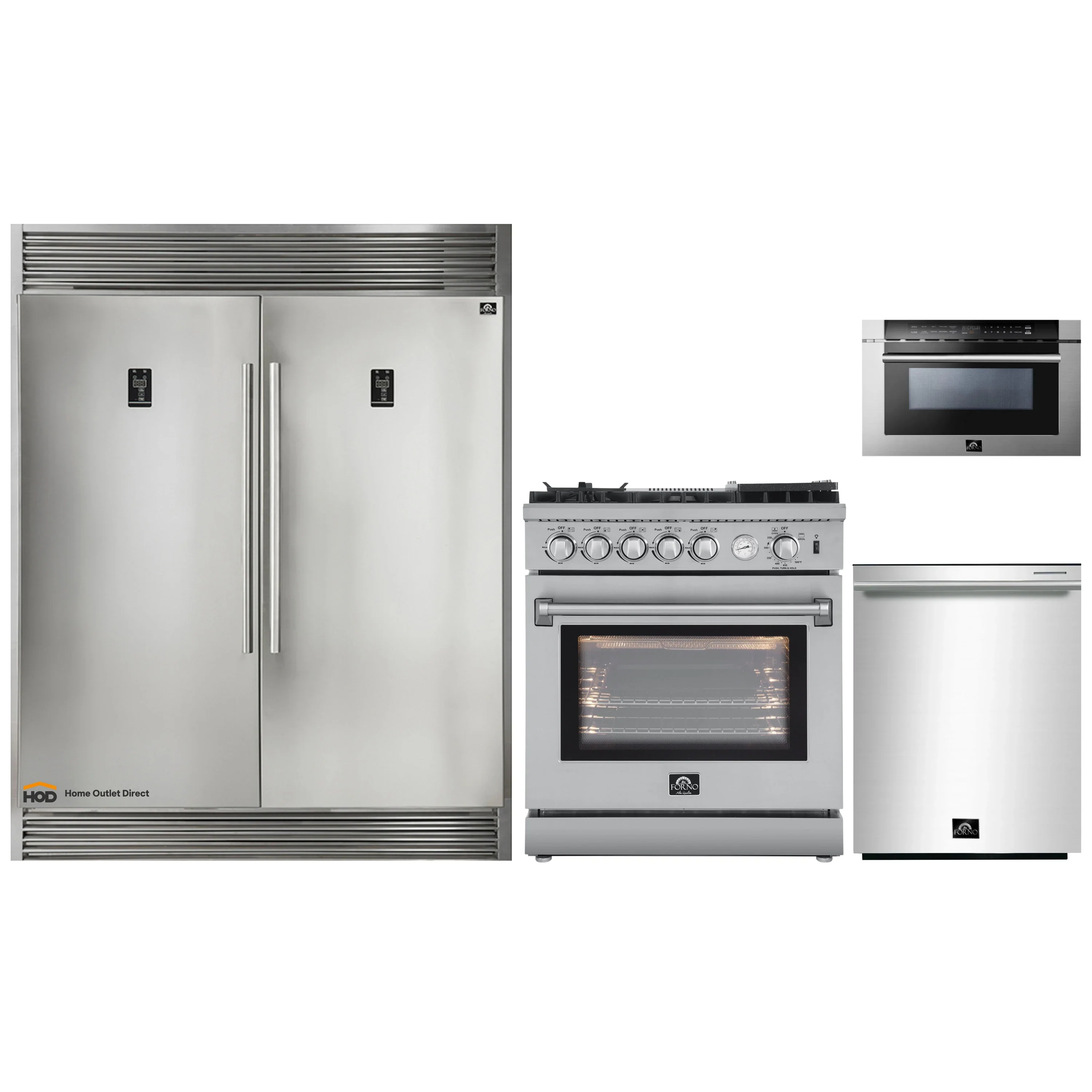 Forno 4-Piece Appliance Package - 30-Inch Gas Range with Air Fryer, 60-Inch Pro-Style Refrigerator, 24-Inch Microwave Drawer, & 3-Rack Dishwasher in Stainless Steel