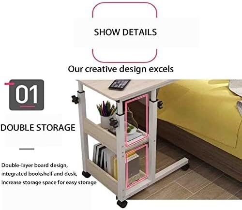Adjustable Overbed Table with Wheels, Mobile Bedside Table with Double-Layer Storage, Manual Lifting Desk for Hospital and Home Use