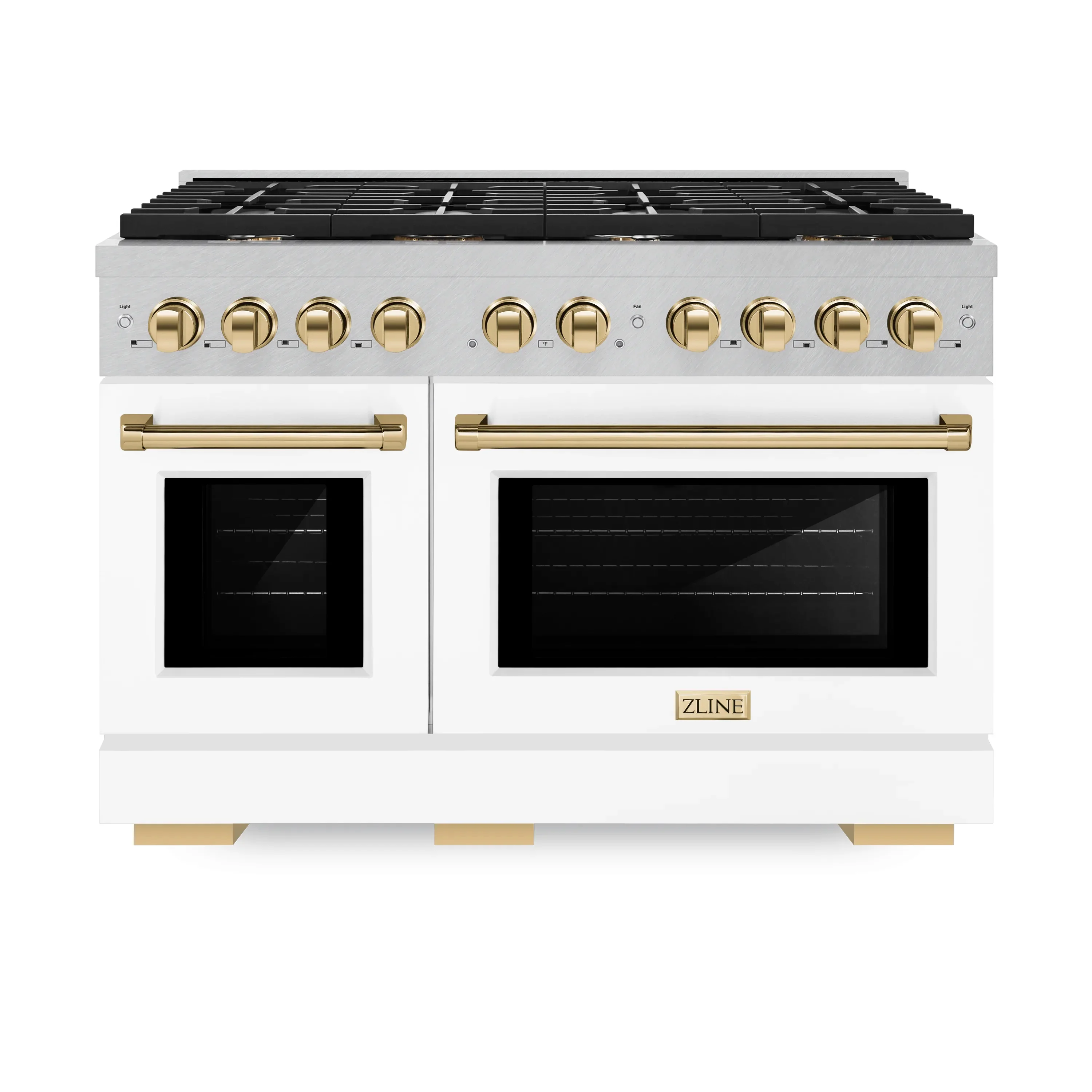 ZLINE Autograph Edition 48-Inch 6.7 cu. ft. Paramount Double Oven Dual Fuel Range with 8 Burner Gas Cooktop in Satin Stainless Steel with White Matte Doors and Polished Gold Accents (SDRSZ-WM-48-G)