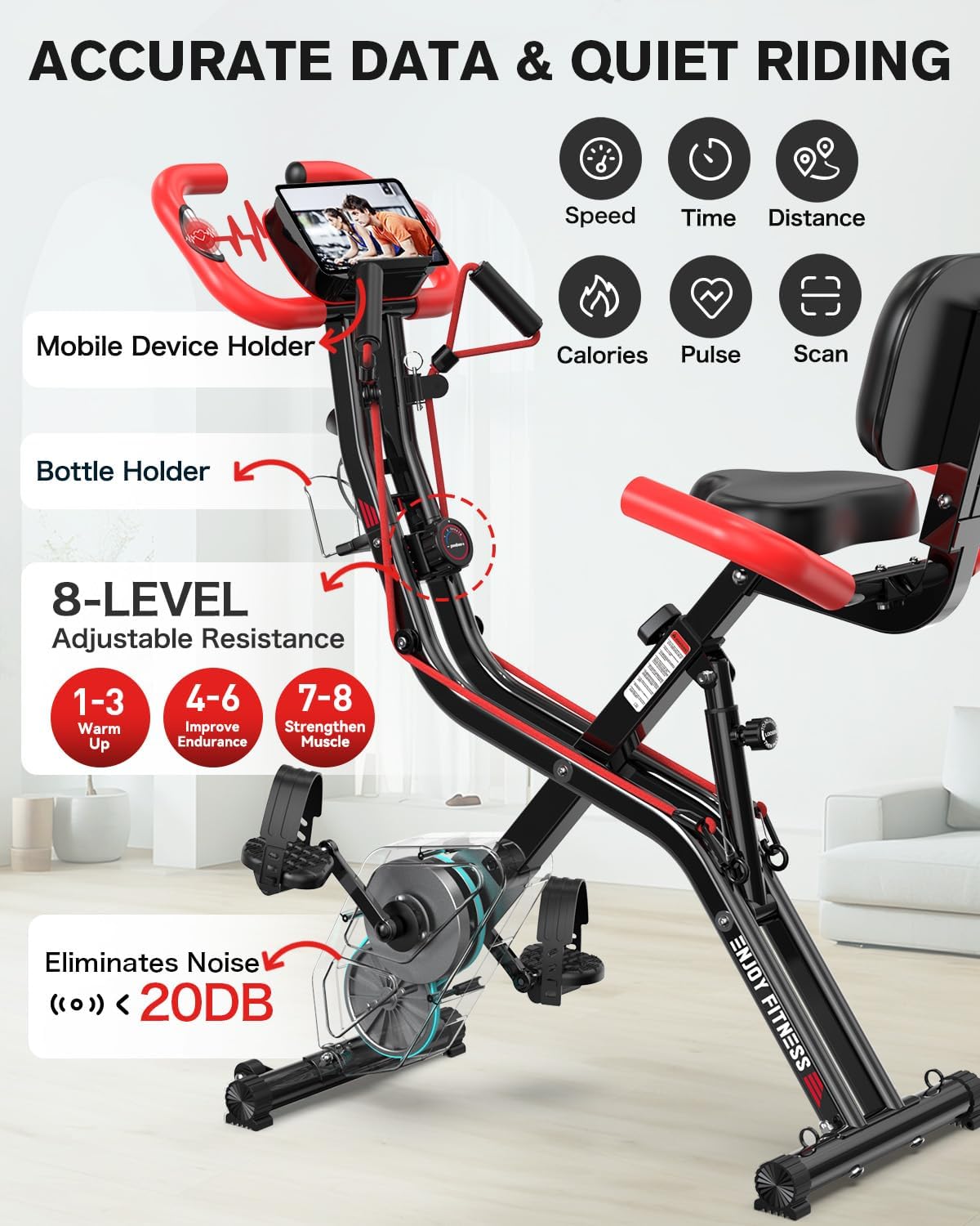 pooboo Folding Exercise Bike, Foldable Upright Stationary Bike, Indoor Cycling Magnetic X-Bike with 8-Level Adjustable Resistance, 6.6 LBS Flywheel, 300LB Capacity, Bottle Holder & Back Support Cushion for Home Gym