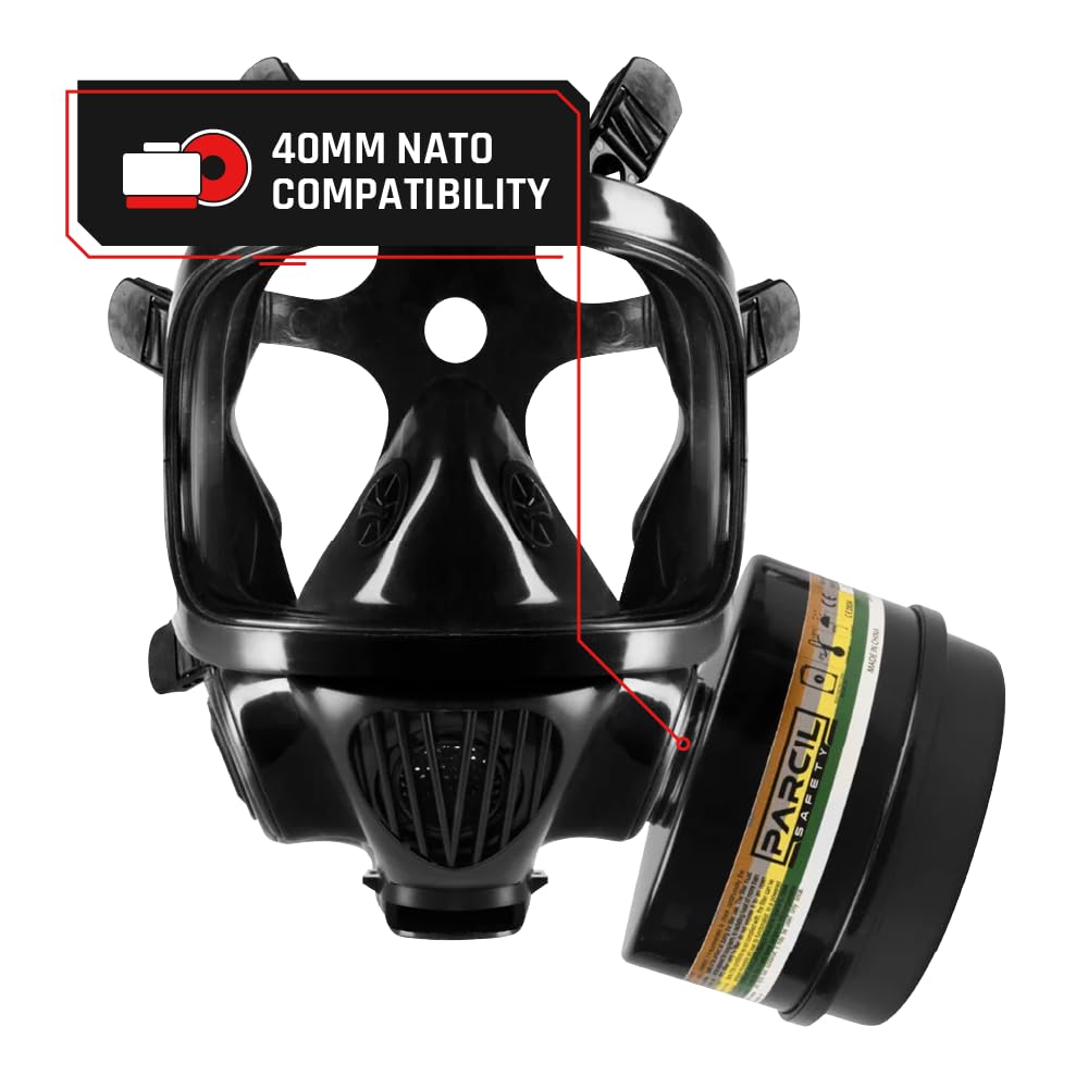 Parcil Distribution CS-100 Military Gas Mask - Class 3 - Survival, Nuclear, & Chemical Respirator Masks - 6-Point Harness & Dual 40mm NATO