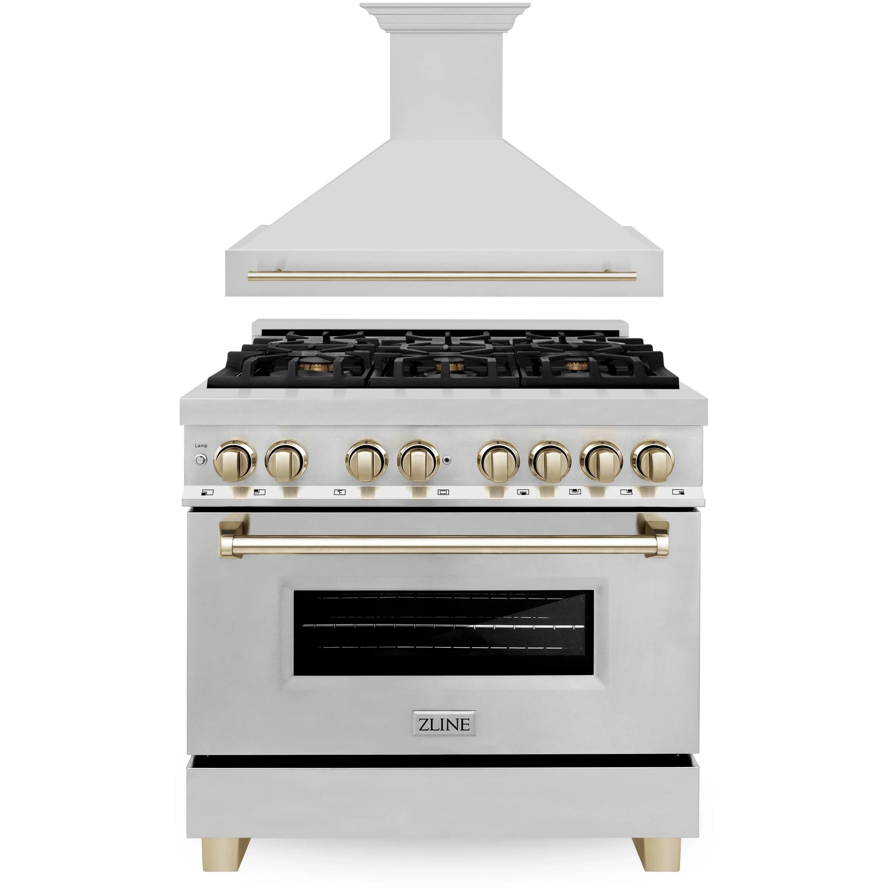 ZLINE Autograph Edition 2-Piece Appliance Package - 36-Inch Dual Fuel Range & Wall Mounted Range Hood in Stainless Steel with Gold Trim (2AKP-RARH36-G)