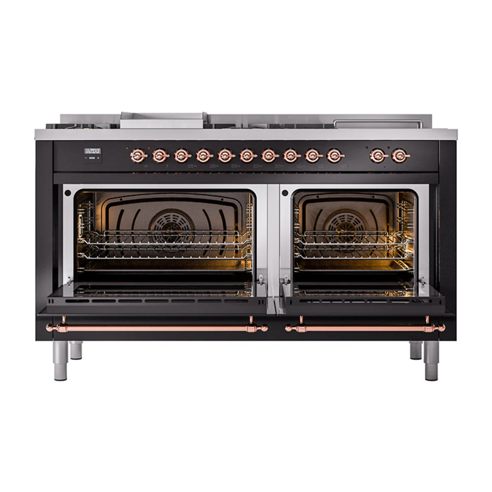 ILVE Nostalgie II 60-Inch Dual Fuel Range with 7 Burners, Griddle, & French Top with Solid Door Oven in Glossy Black with Copper Trim (UP60FSQNMPBKP)
