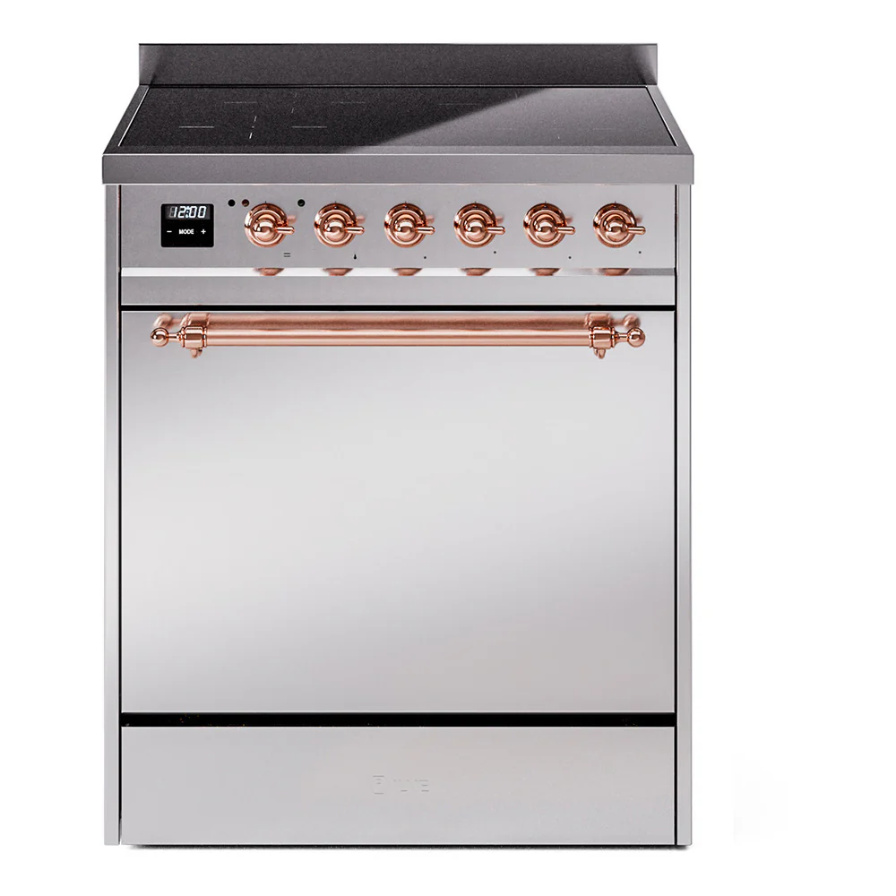 ILVE 30-Inch Nostalgie II Induction Range with Solid Door Oven in Stainless Steel with Copper Trim (UPI304QNMPSSP)