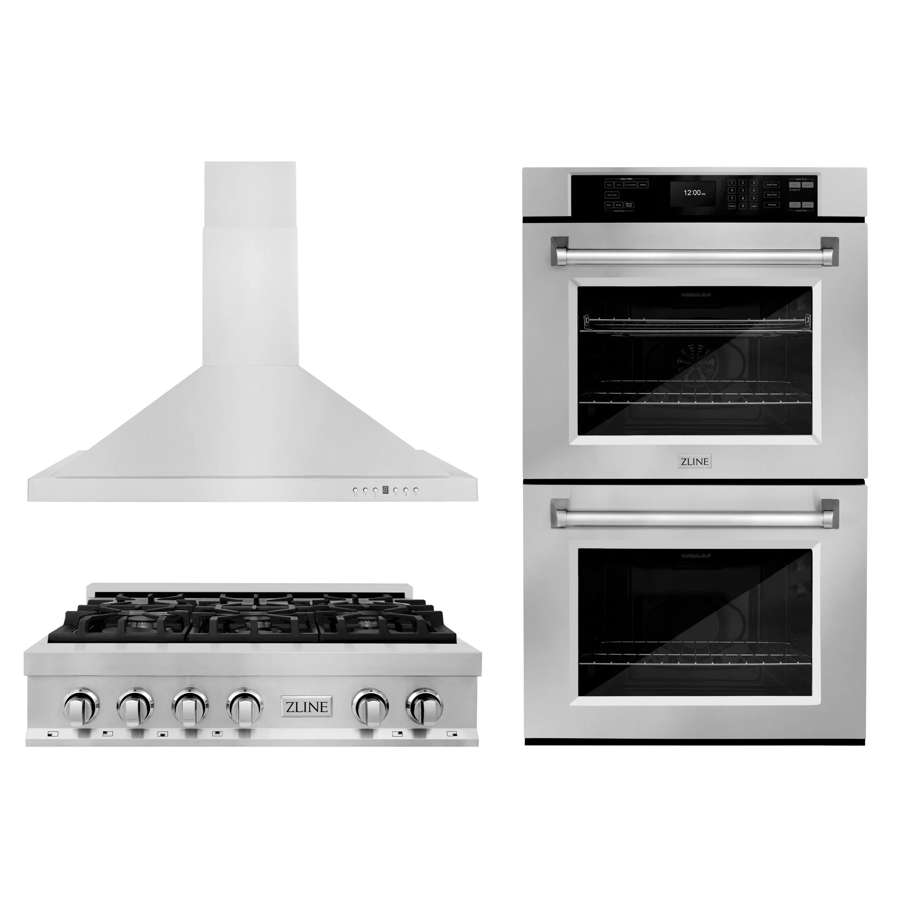 ZLINE 3-Piece Appliance Package - 36-Inch Rangetop, Convertible Wall Mount Range Hood, and Double Wall Oven in Stainless Steel (3KP-RTRH36-AWD)
