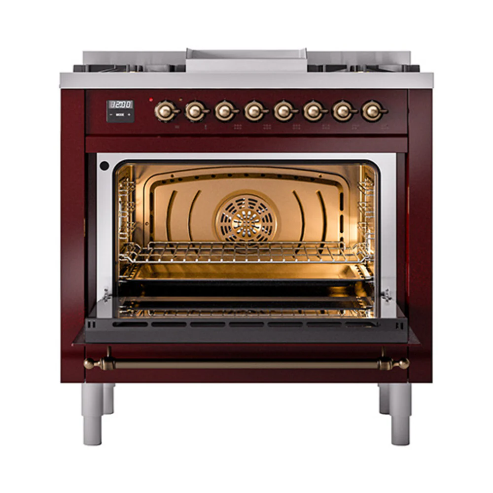 ILVE 36-Inch Nostalgie II Dual Fuel Range with 6 Burners and Solid Door Oven in Burgundy with Bronze Trim (UP36FQNMPBUB)