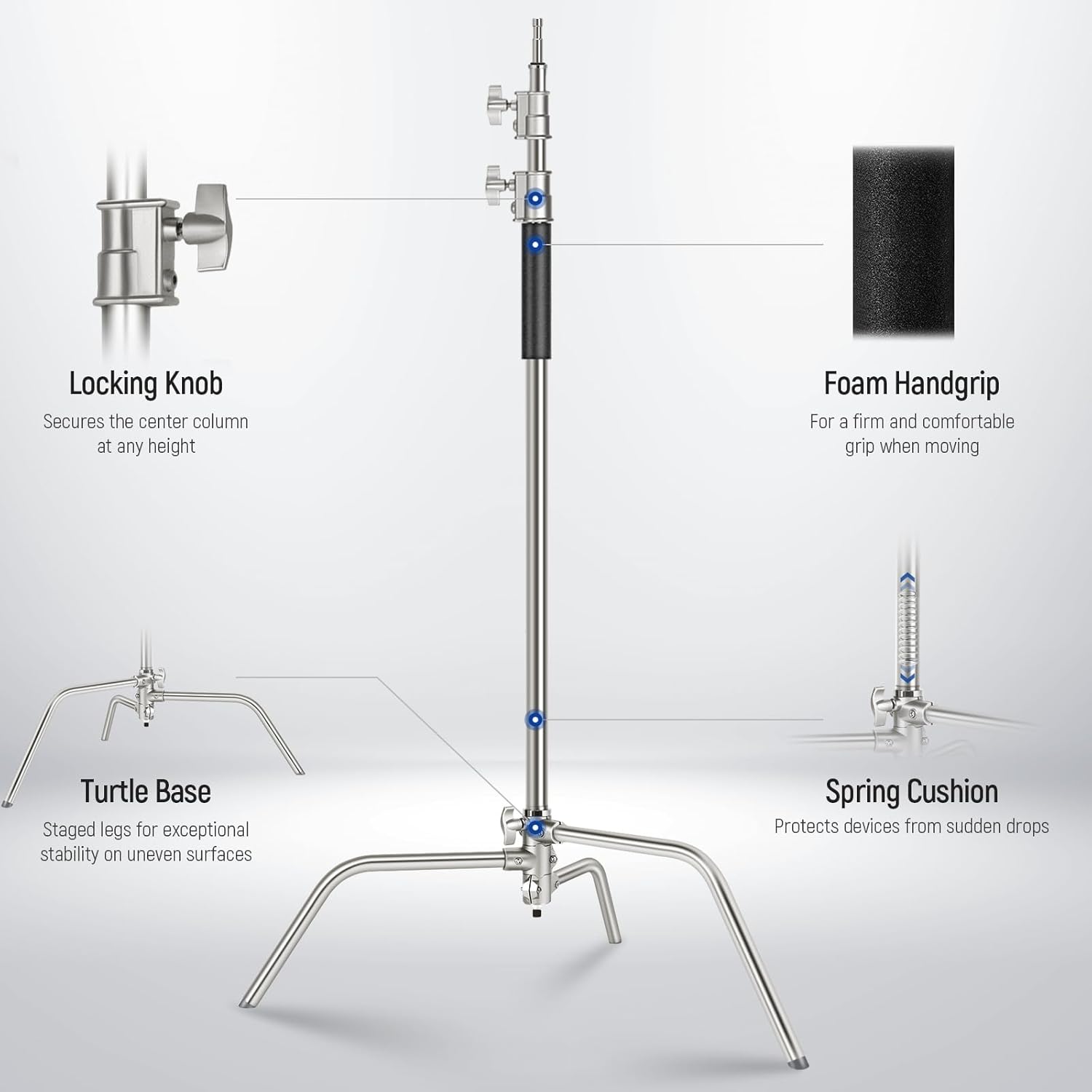 NEEWER Basics 100% Stainless Steel Heavy Duty C Stand with Boom Arm, Max 10.5ft/320cm Photography Light Stand, 4.2ft/128cm Holding Arm, 2 Grip Heads for Studio Monolight Softbox Reflector, SC320 Lite