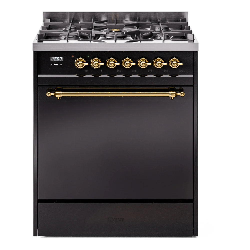 ILVE Nostalgie II 30-Inch Dual Fuel Range with Solid Door in Glossy Black with Brass Trim (UP30QNMPBKG)