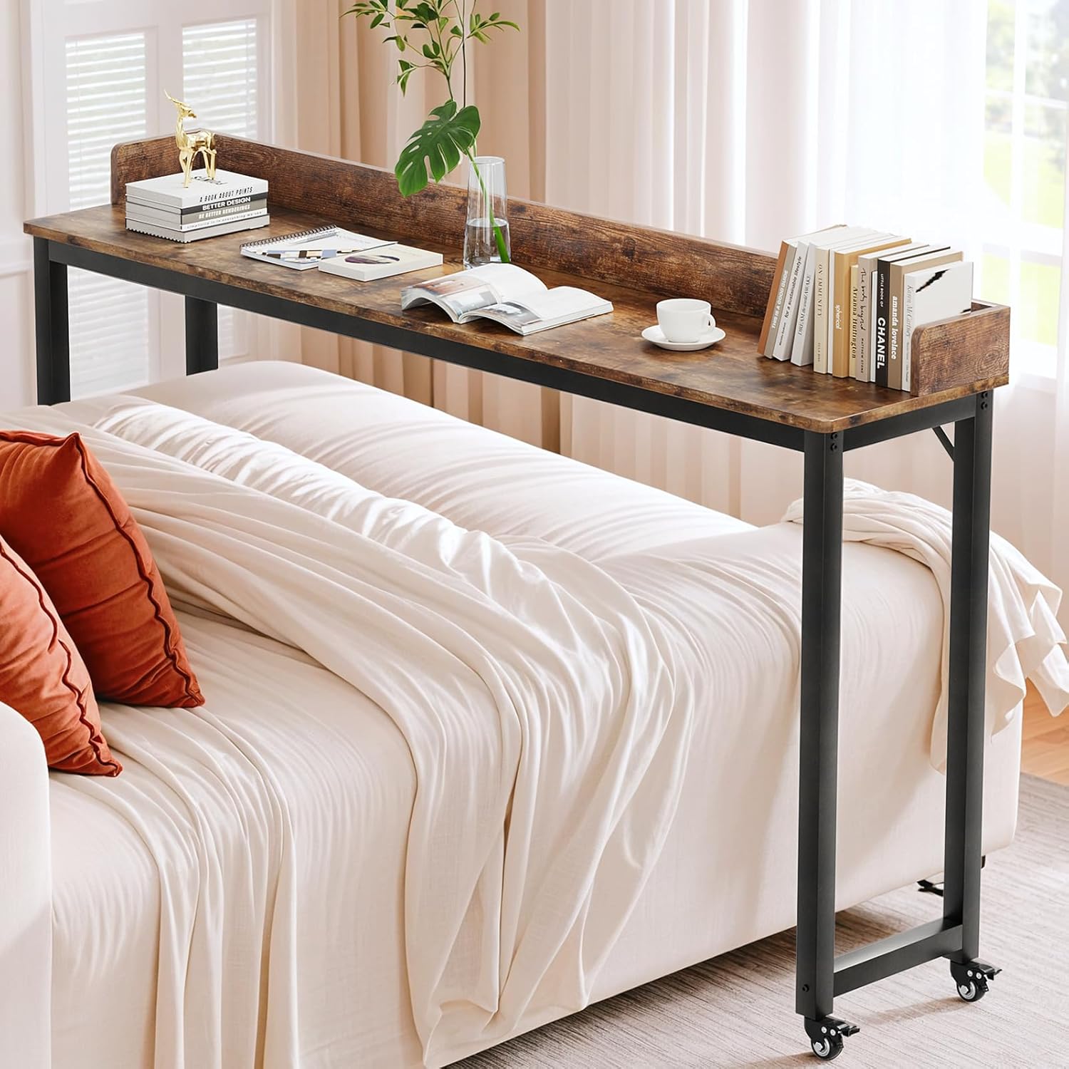 Arlopu Overbed Table with 360° Wheels, Queen Size Mobile Bed Desk with Heavy Duty Metal Leg, Sturdy Laptop Cart & Dining Table for Bedroom, Living Room, Hospital Use (Brown)