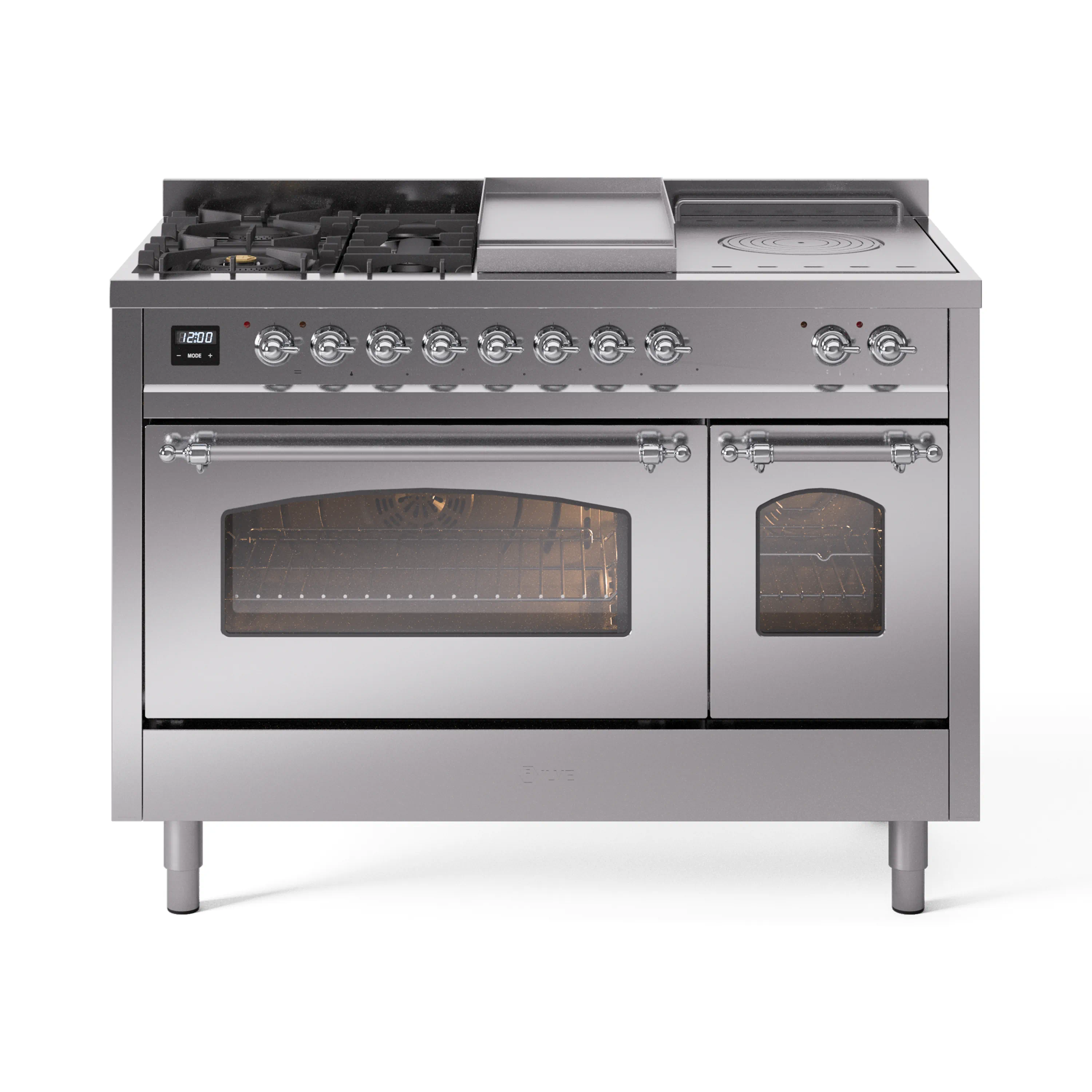 ILVE 48-Inch Nostalgie II Noblesse Dual Fuel Range with 5 Sealed Burners, Griddle, French Top and Triple Glass Door Oven in Stainless Steel with Chrome Trim (UN48FSNMPSSC)