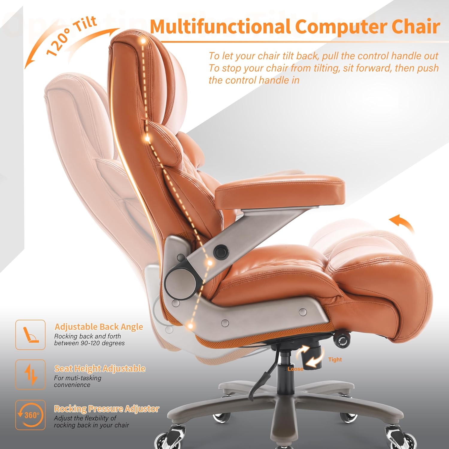VUZI 700lbs Big and Tall Office Chair-Large Computer Chair with Adjustable Lumbar Support 3D Flip Arms Plus Size Wheels, High Back Executive Desk Chair, Heavy Duty Metal Base, Thick Padded Wide Seat