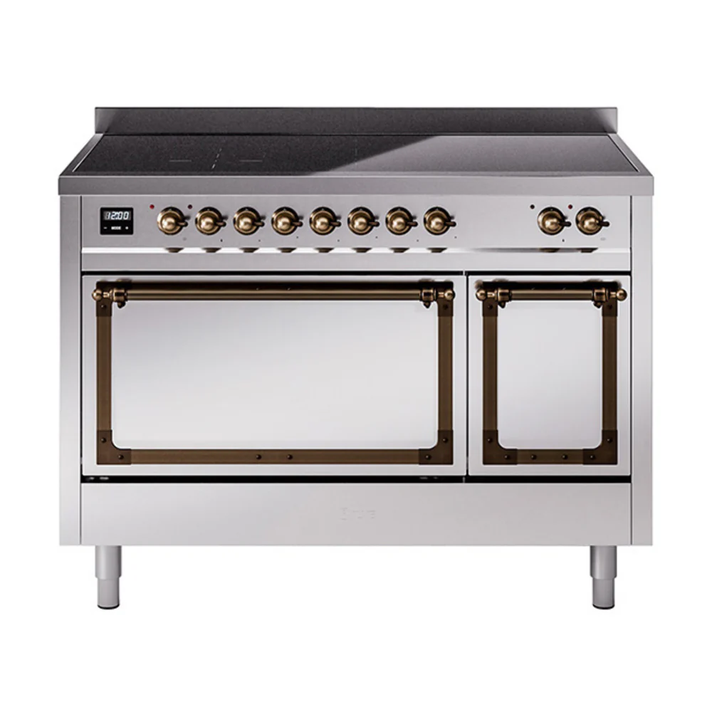 ILVE Nostalgie II Noblesse 48-Inch Induction Range with Solid Door Oven in Stainless Steel with Bronze Trim (UNI486QNMPSSB)