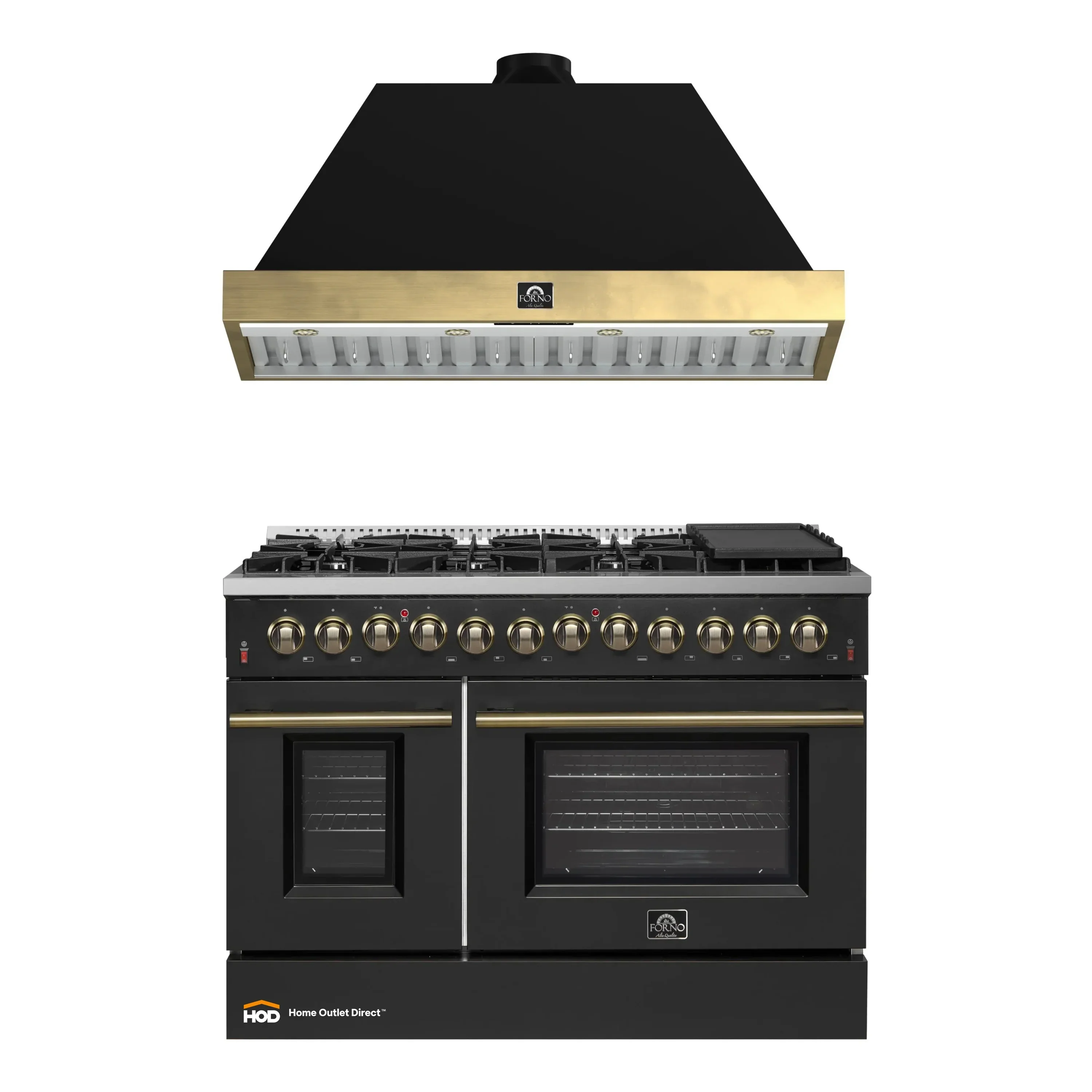 Forno Galiano 2-Piece Appliance Package - 48-Inch Dual Fuel Range & 48-Inch Wall Mount Range Hood in Black with Antique Brass Trim