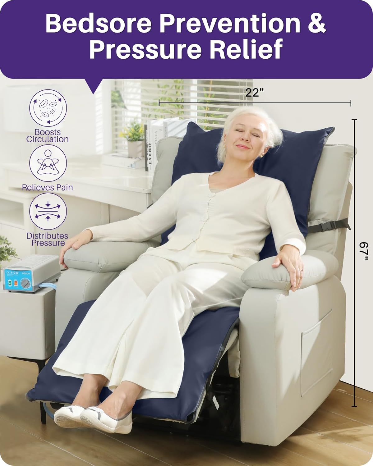 Kekoy Alternating Air Pressure Mattress Pad for Recliner Chair, Upgraded Anti-Slip Design, Pressure Relief Cushion & Bedsore Prevention for Elderly, Quiet Pump, Waterproof Cover for Home Hospital Use