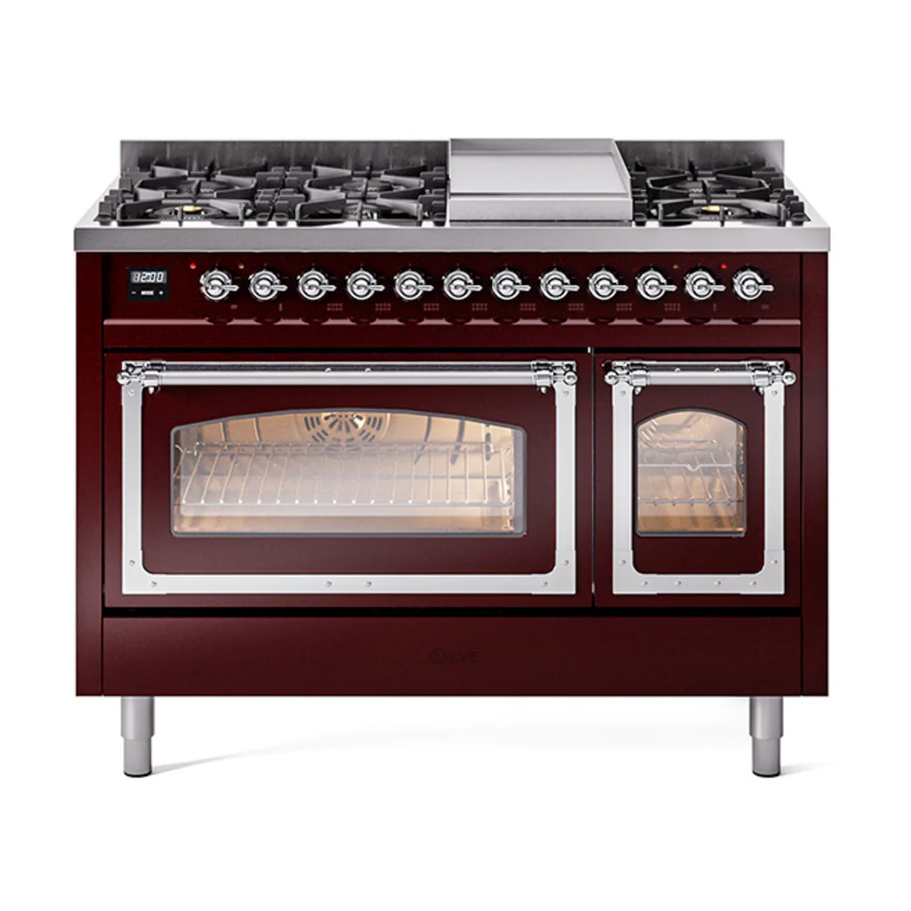 ILVE Nostalgie II Noblesse 48-Inch Dual Fuel Freestanding Range in Burgundy with Chrome Trim (UN48FNMPBUC)