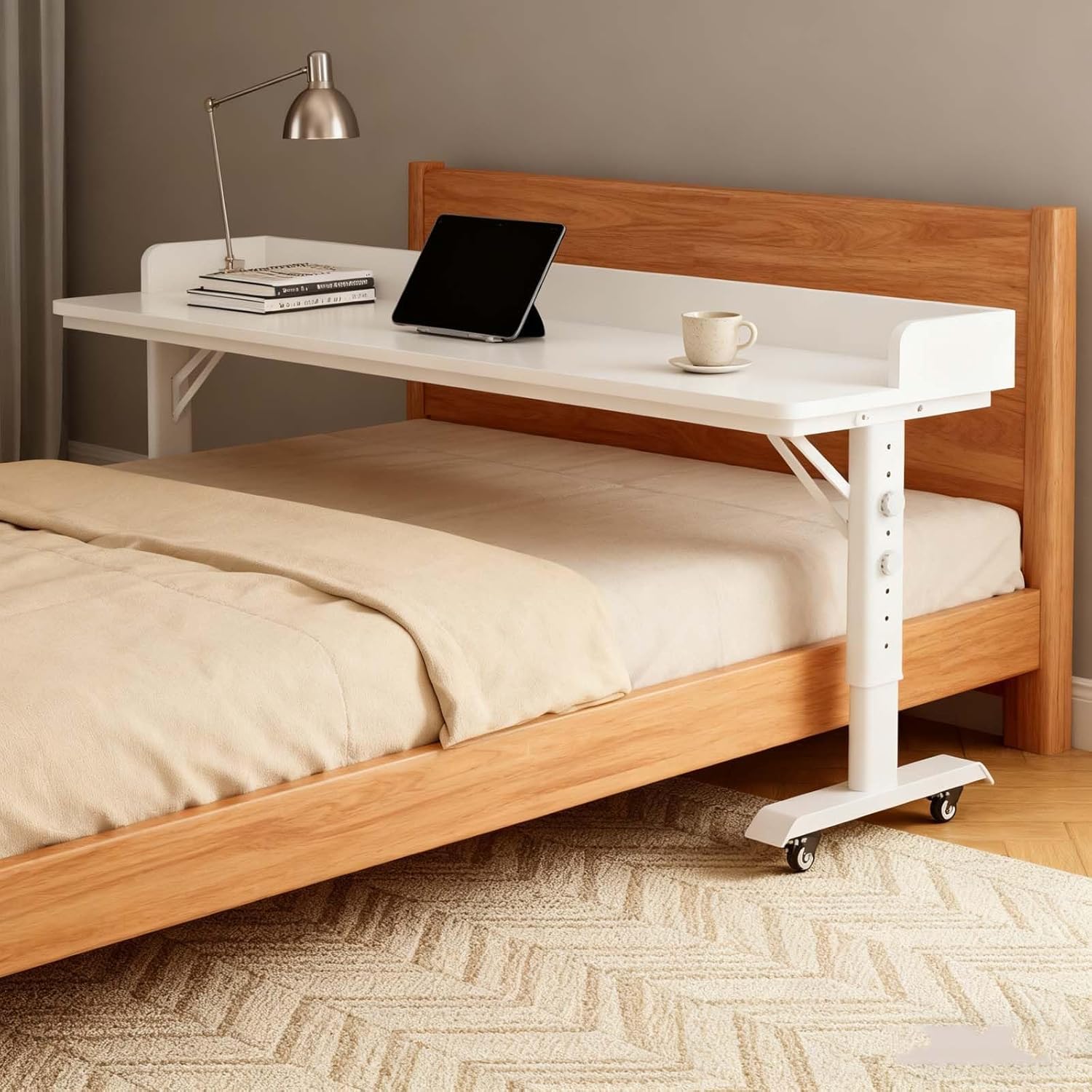 Over The Bed Table with Wheels - Adjustable Height Desk, Rolling Mobile Laptop Cart for Bedroom Work, King Size Beds(120 * 40 * 68cm)