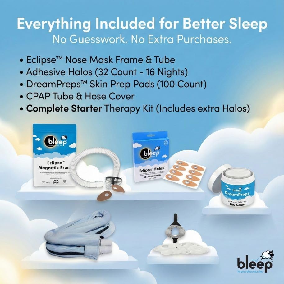 All-in-One CPAP Starter Pack by Bleep - Best CPAP Accessories Kit with Eclipse Mask, Halos, DreamPreps, Hose & Tube - Sleep Apnea Nose Mask for BiPAP Users - Therapy Kit and Supplies for Travel