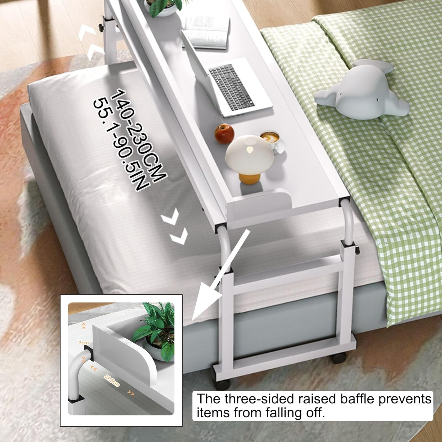 Adjustable Height & Length Laptop Bed Table, Rolling Standing Desk, Overbed Table with 360° Wheels, Queen Size Mobile Bed Desk, with Heavy Duty Metal Leg(White,140cm/55.1in)