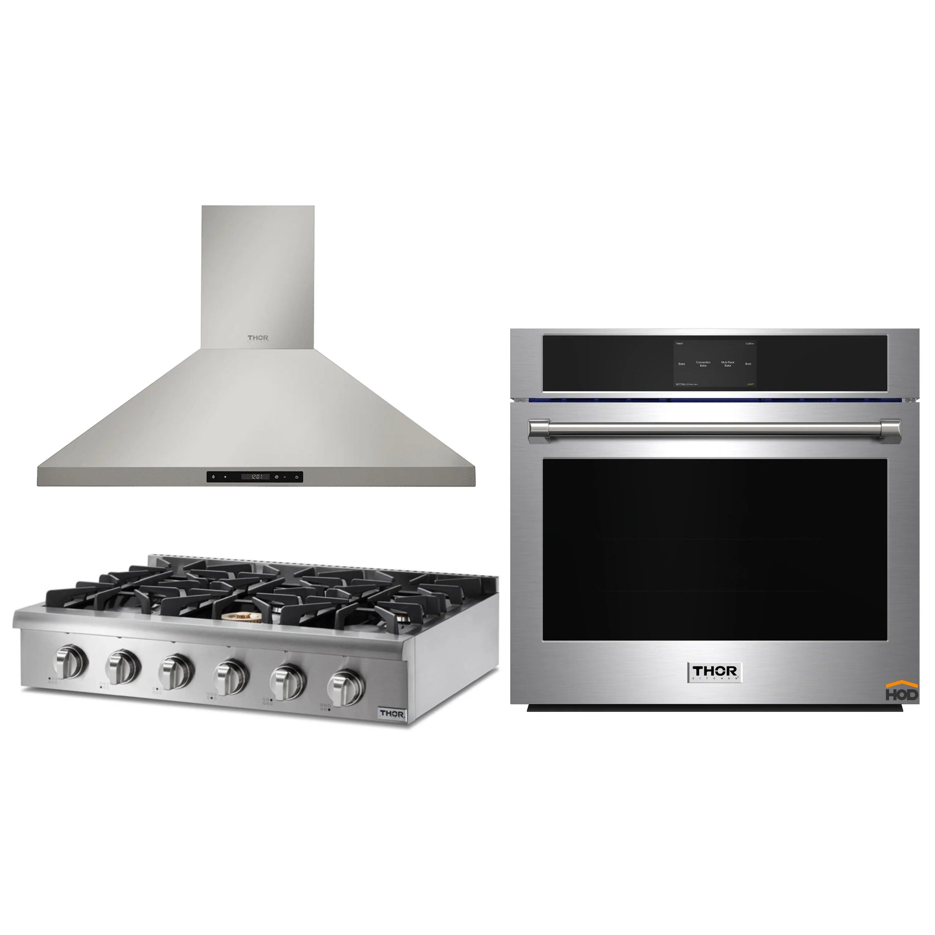 Thor Kitchen 3-Piece Pro Appliance Package - 36-Inch Rangetop, Electric Wall Oven & Wall Mount Hood in Stainless Steel