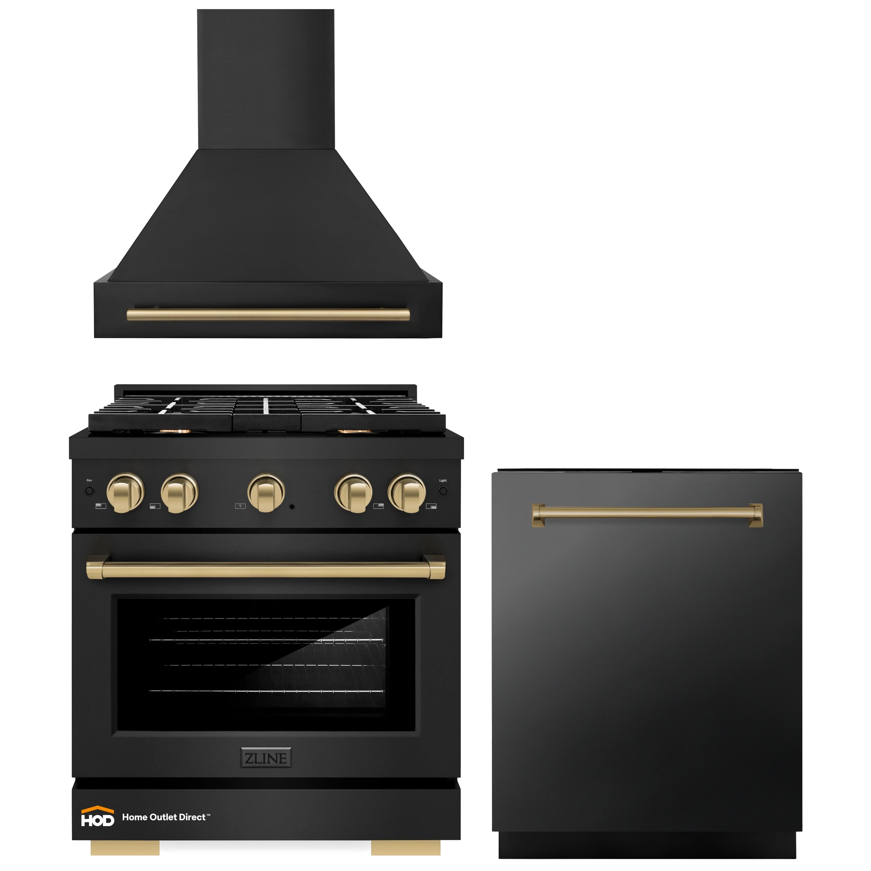 ZLINE Autograph Edition 3-Piece Appliance Package - 30-Inch Gas Range, Wall Mounted Range Hood, & 24-Inch Tall Tub Dishwasher in Black Stainless Steel with Champagne Bronze Trim (3AKP-SGRBRHDWV30-CB)