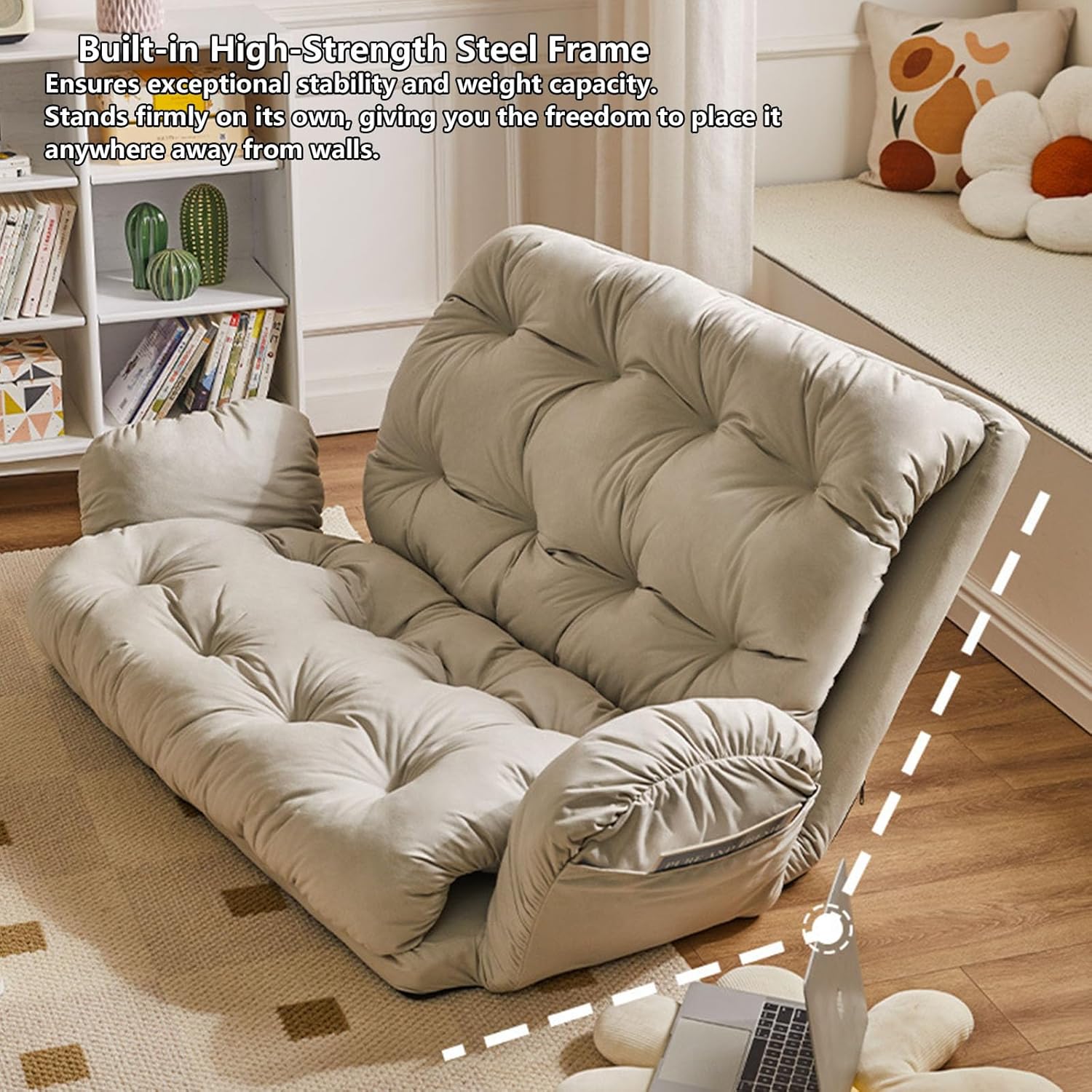 6-Position Adjustable Lazy Sofa, Fluffy-Tech Fabric Recliner with Padded Armrests, Ergonomic Dual-Zone Support Freestanding Lounge Chair for Bedroom & Living Room