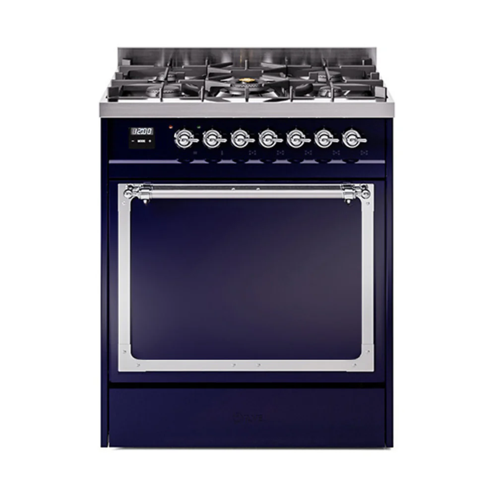 ILVE Nostalgie II Noblesse 30-Inch Dual Fuel Range with Solid Door in Midnight Blue with Chrome Trim (UN30QNMPMBC)