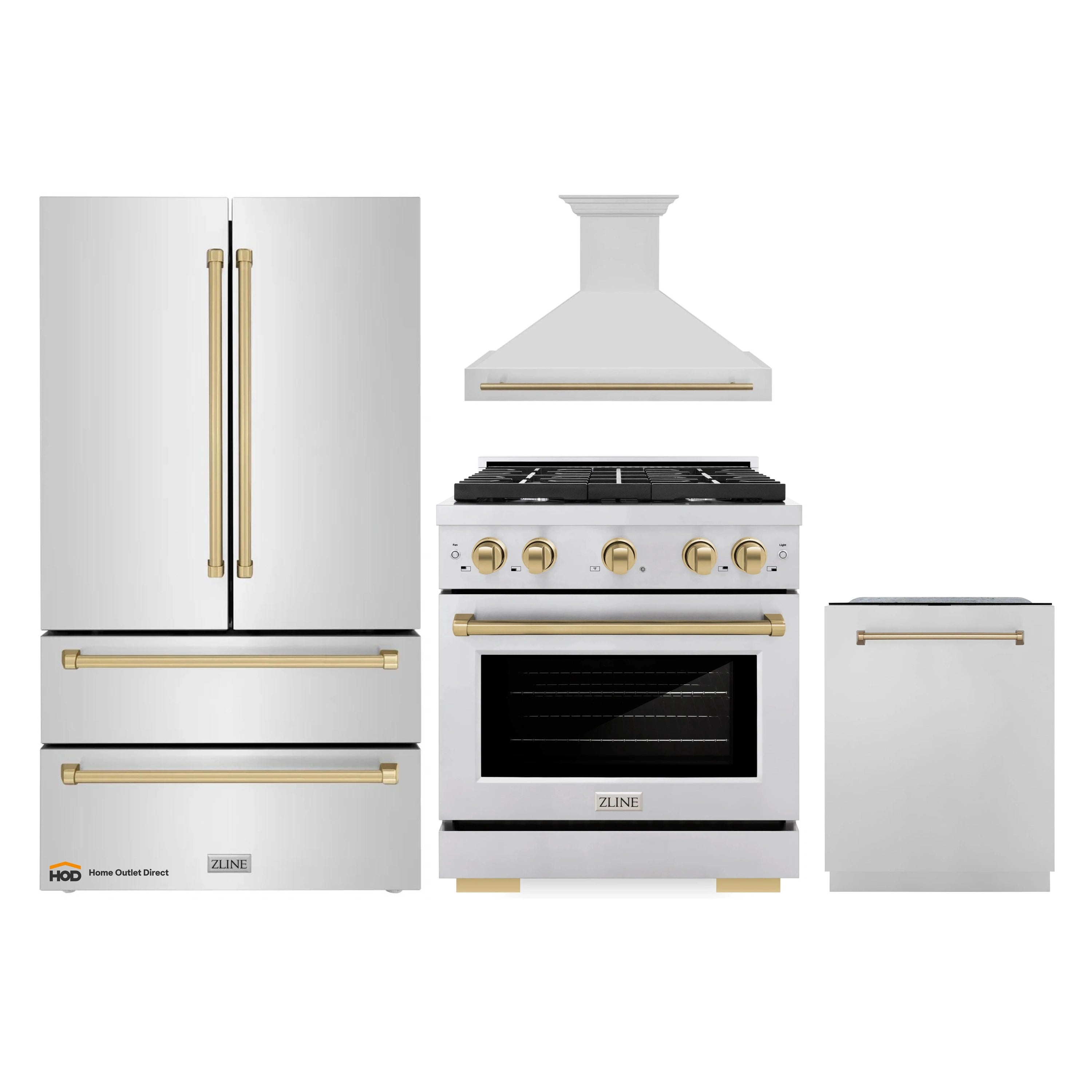 ZLINE Autograph Edition 4-Piece Appliance Package - 30-Inch Gas Range, Refrigerator, Wall Mounted Range Hood, & 24-Inch Tall Tub Dishwasher in Stainless Steel with Champagne Bronze Trim (4KAPR-SGRRHDWM30-CB)