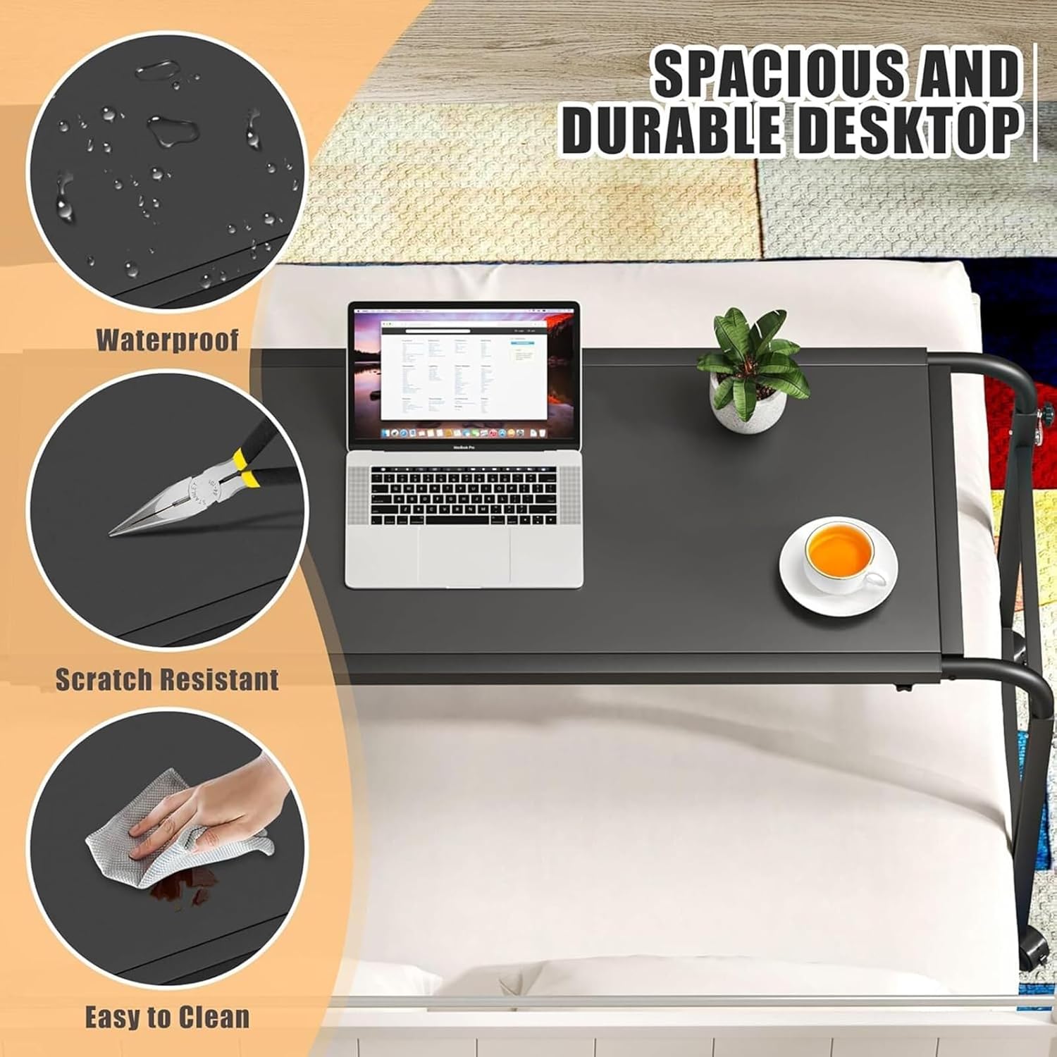 Over Bed Desk Adjustable 115-210cm, Mobile Bedside Table with 4 Wheels Height Adjustable 65-95cm Computer Desk Standing Workstation for Laptop Study Work Hospital Medical