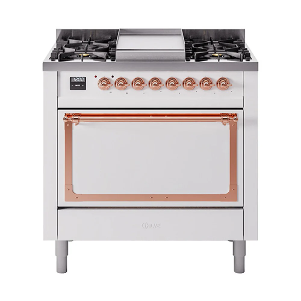 ILVE Nostalgie II Noblesse 36-Inch Dual Fuel Range and Solid Door Oven in White with Copper Trim (UN36FQNMPWHP)
