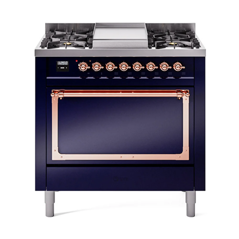 ILVE Nostalgie II Noblesse 36-Inch Dual Fuel Range and Solid Door Oven in Midnight Blue with Copper Trim (UN36FQNMPMBP)