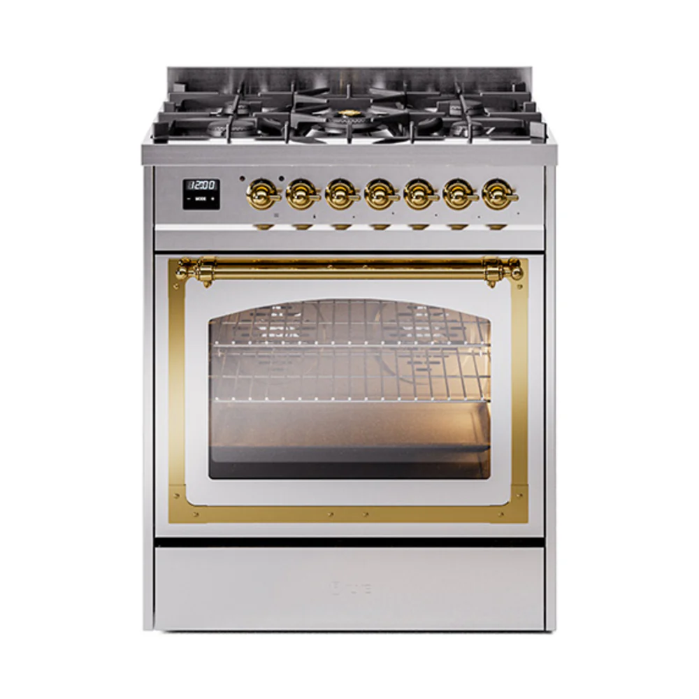 ILVE Nostalgie II Noblesse 30-Inch Dual Fuel Range with Triple Glass Door in Stainless Steel with Brass Trim (UN30NMPSSG)